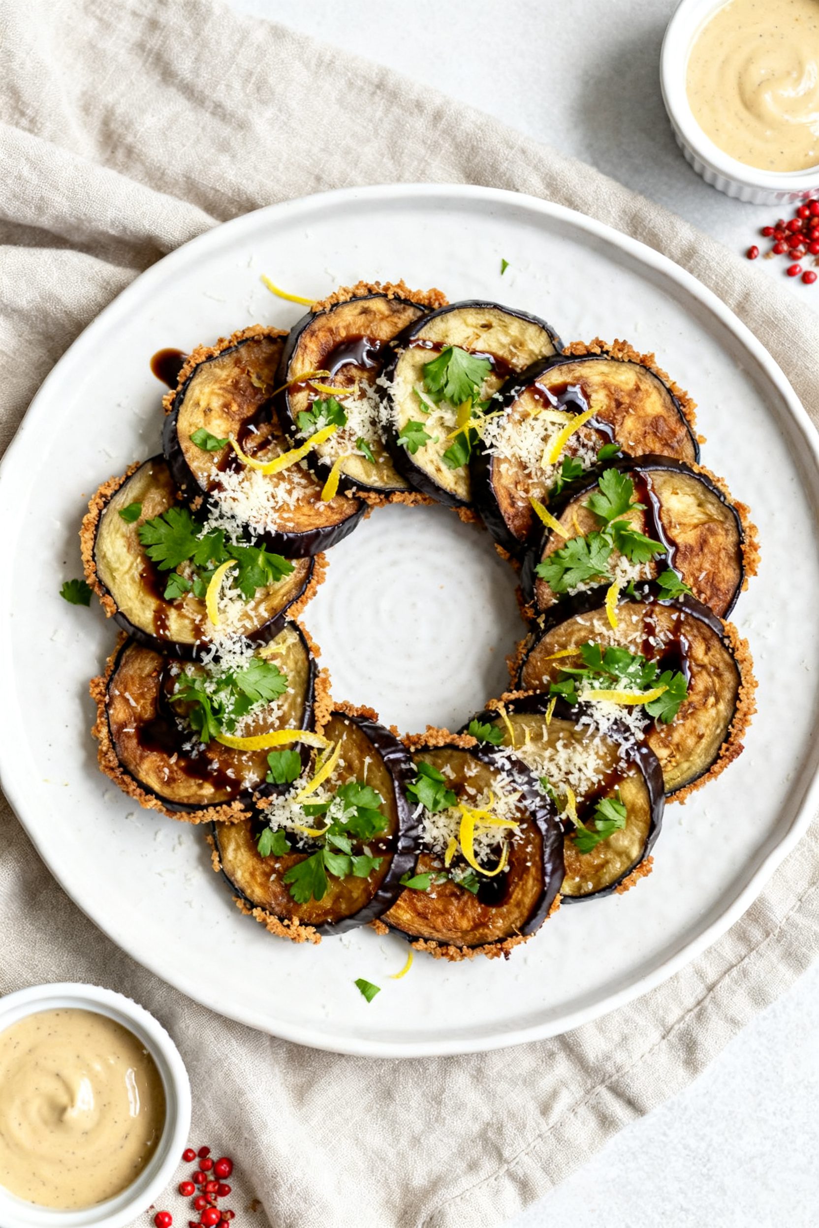 Tasty top view: Overhead shot of a platter of air fryer eggplant rounds arranged in a loose spiral,
