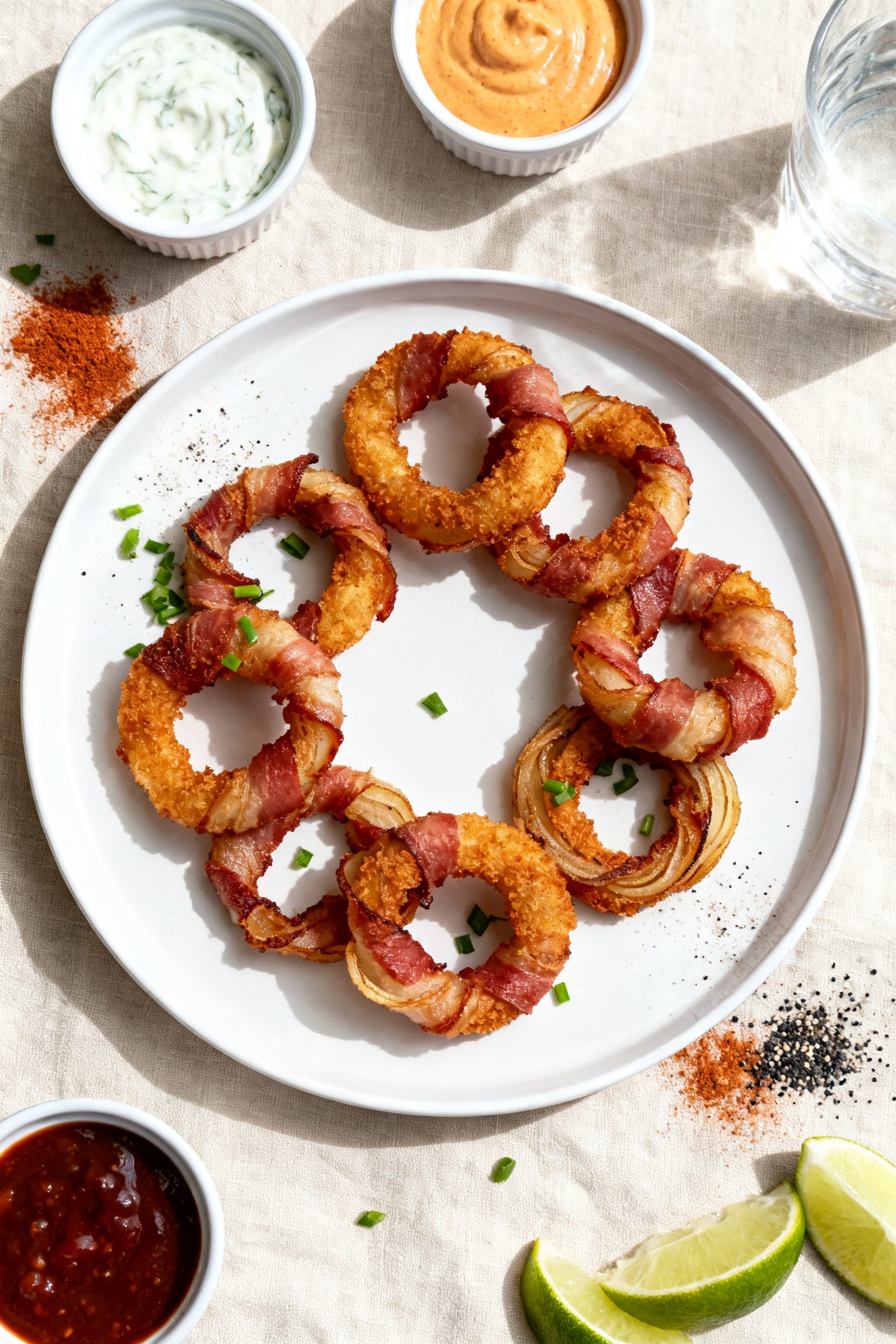 Tasty top view: Overhead shot of a platter of air-fried bacon-wrapped onion rings arranged in a loos
