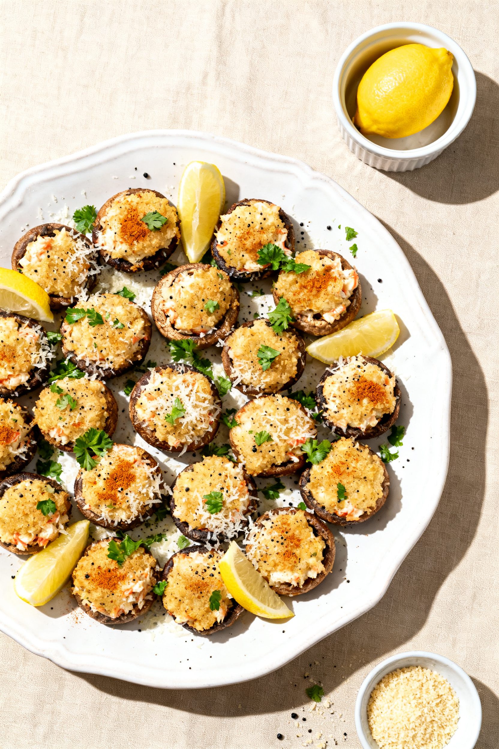 Tasty top view: Overhead shot of a platter of crab stuffed mushrooms arranged in a tight circle on a