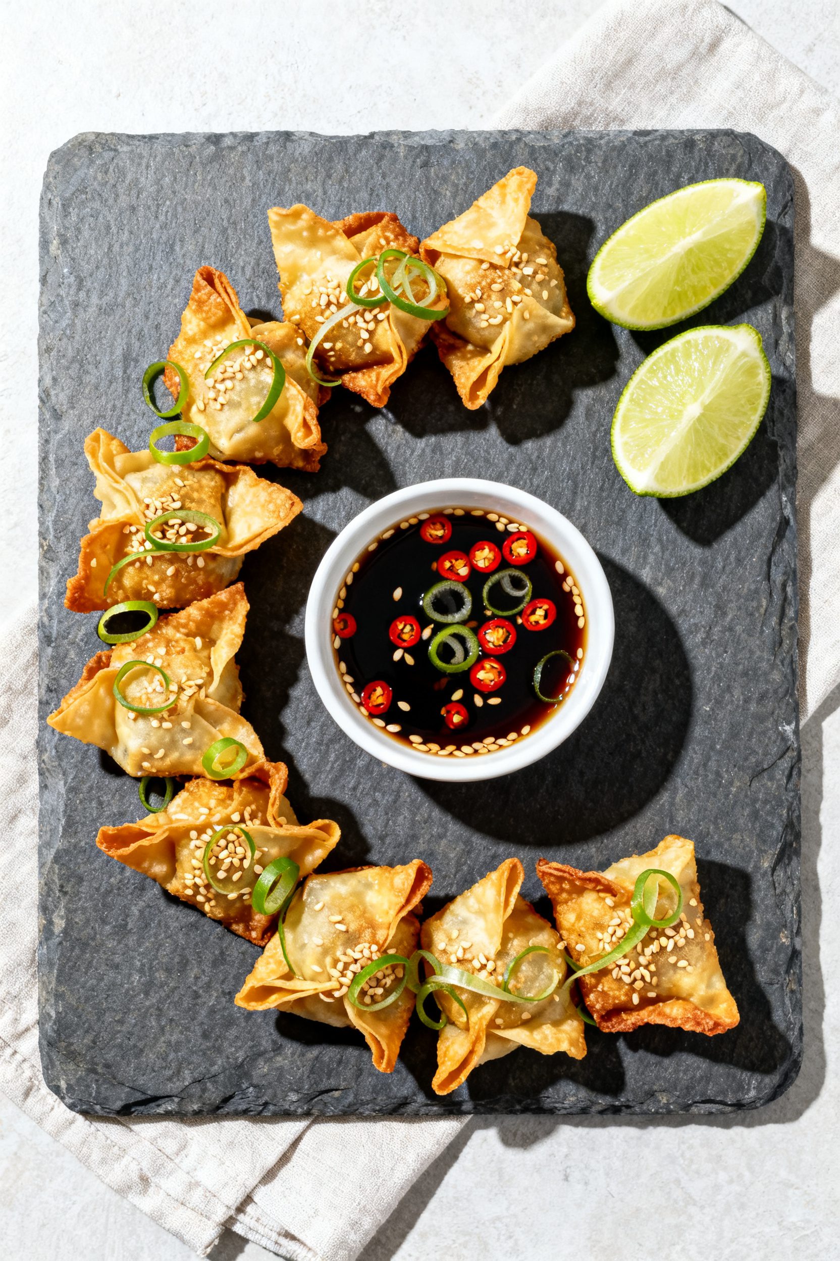 Tasty top view: Overhead shot of a platter of crispy air-fried mini wontons arranged in a loose spir