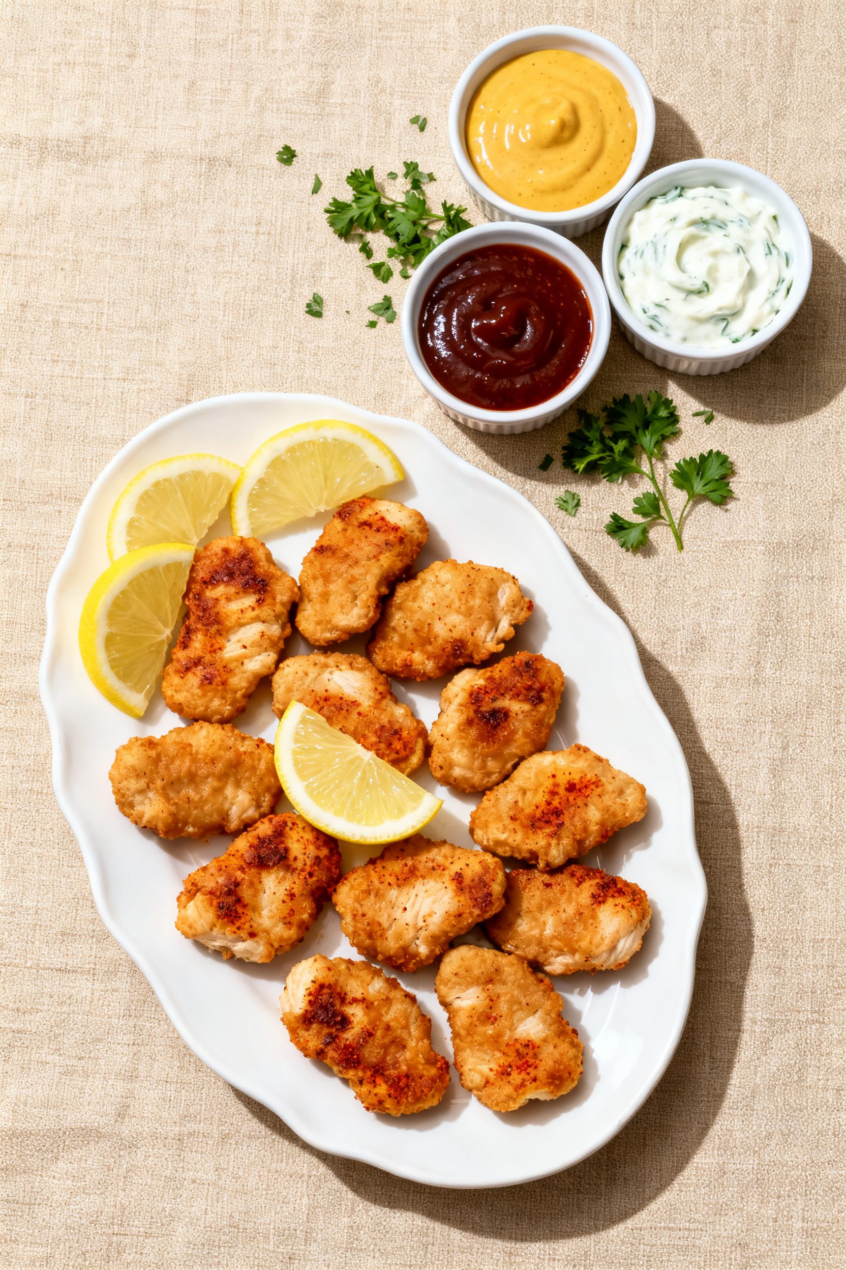 Tasty top view: Overhead shot of a platter of naked chicken nuggets arranged in a single layer with 