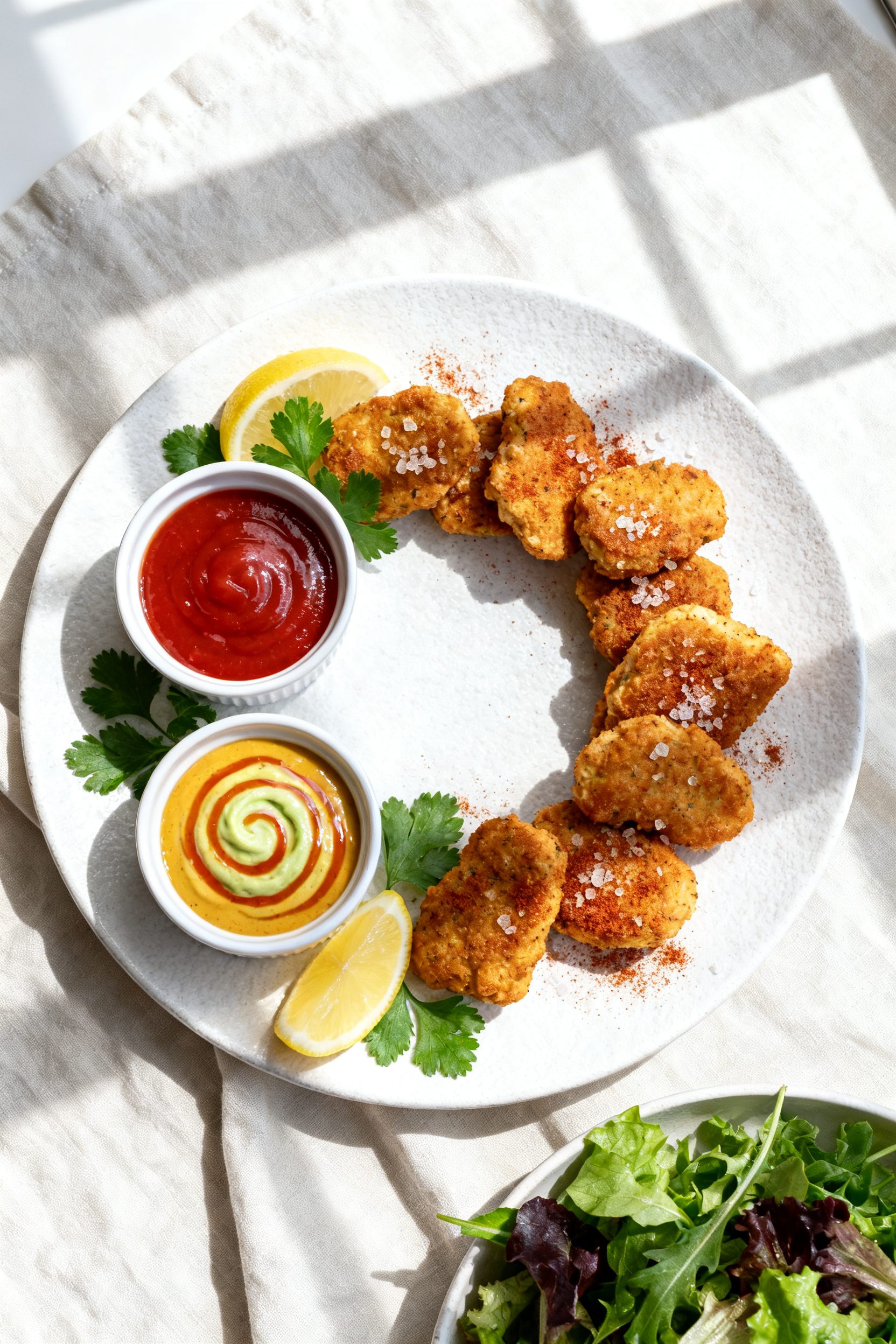 Tasty top view: Overhead shot of a platter of paleo chicken nuggets arranged in a loose spiral on a 