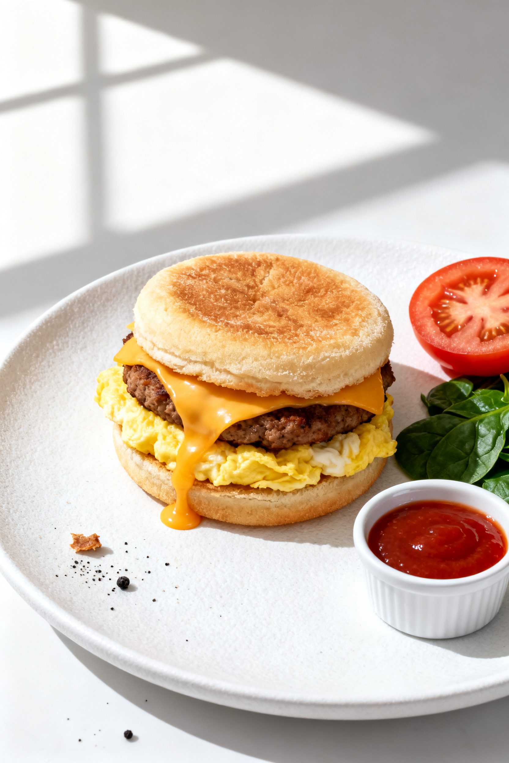 Tasty top view: Overhead shot of a reassembled air-fried breakfast sandwich on an English muffin, ch