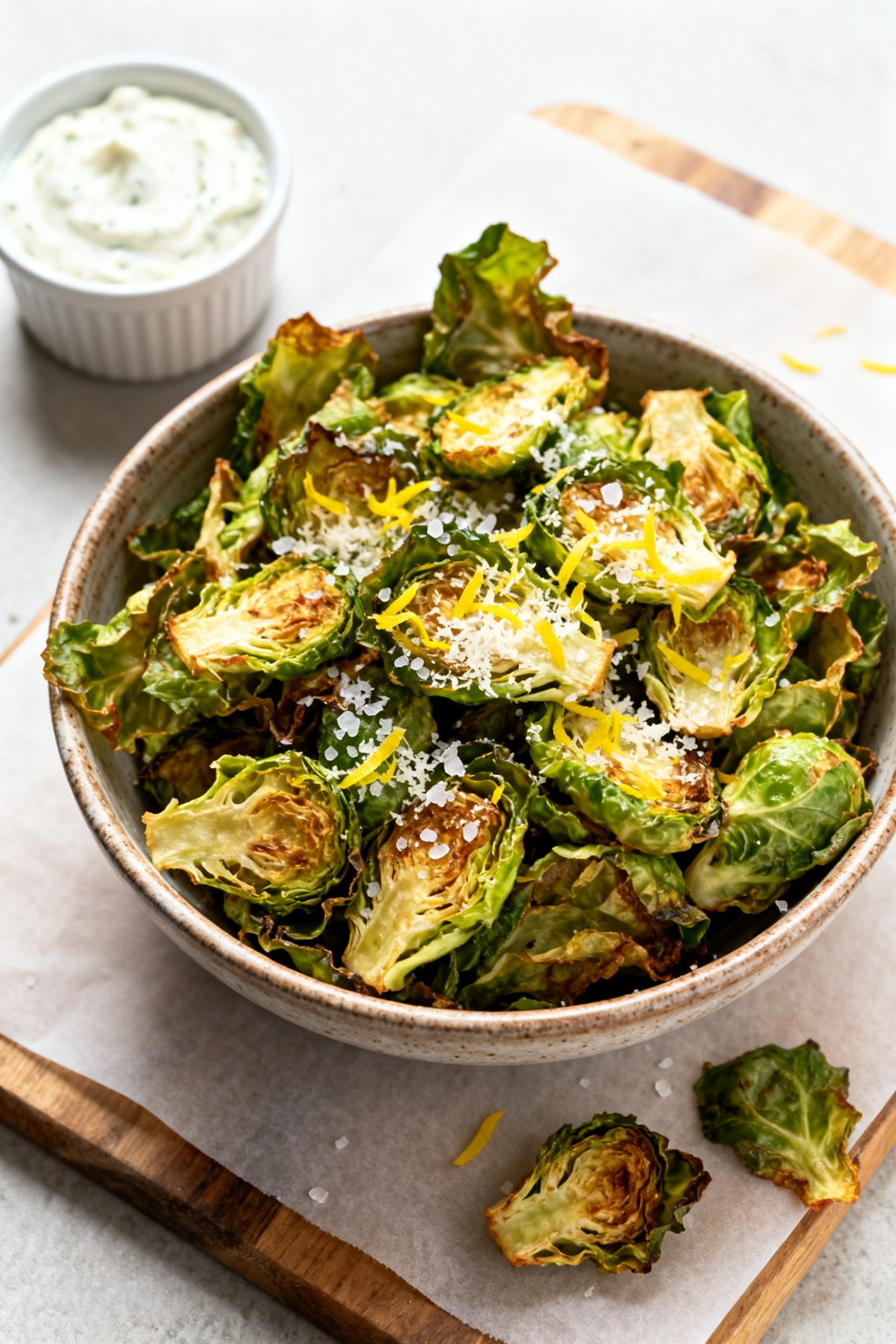Tasty top view: Overhead shot of a rustic bowl piled high with finished Air Fryer Brussels Sprout Ch