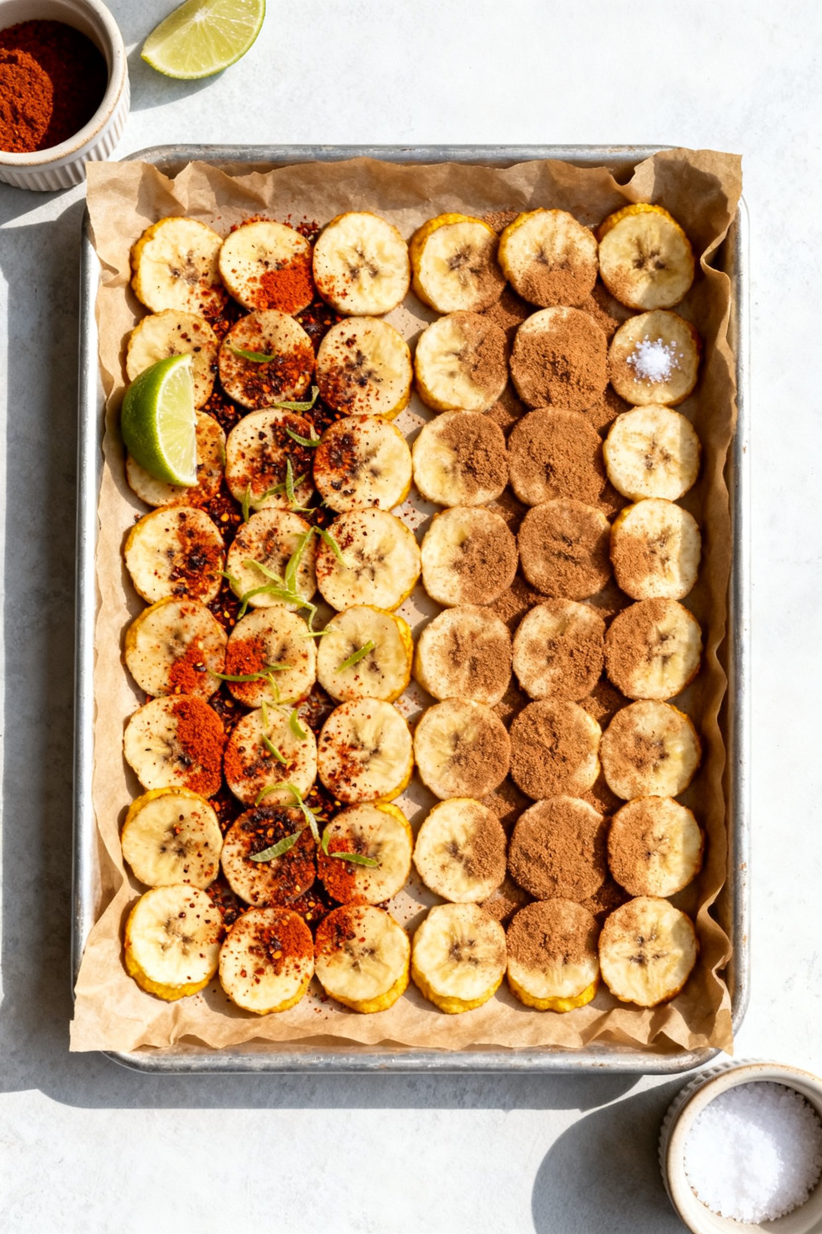 Tasty top view: Overhead shot of a rustic parchment-lined tray filled with perfectly even, thin bana