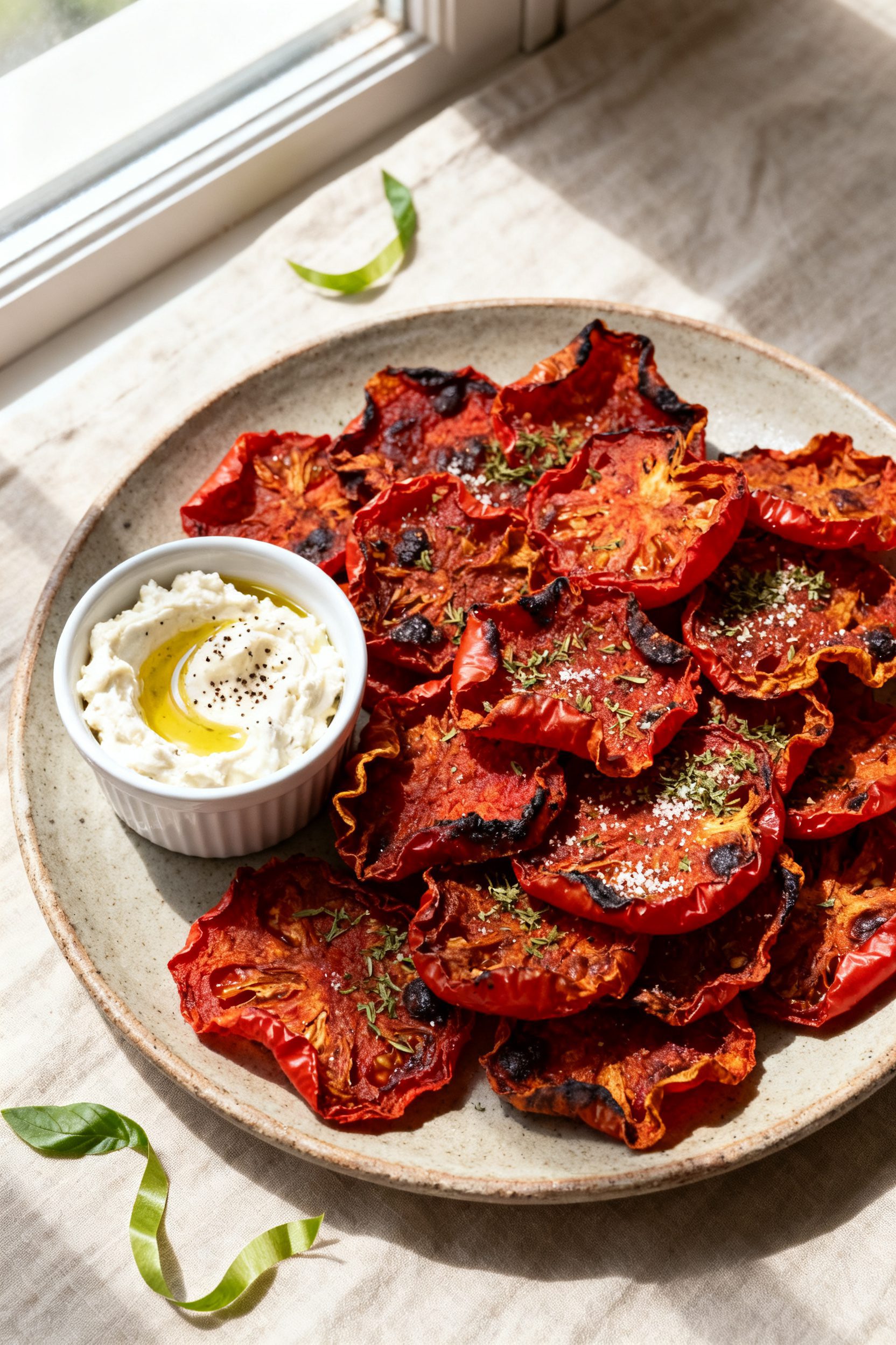 Tasty top view: Overhead shot of a rustic platter piled with finished air fryer tomato chips—deep 