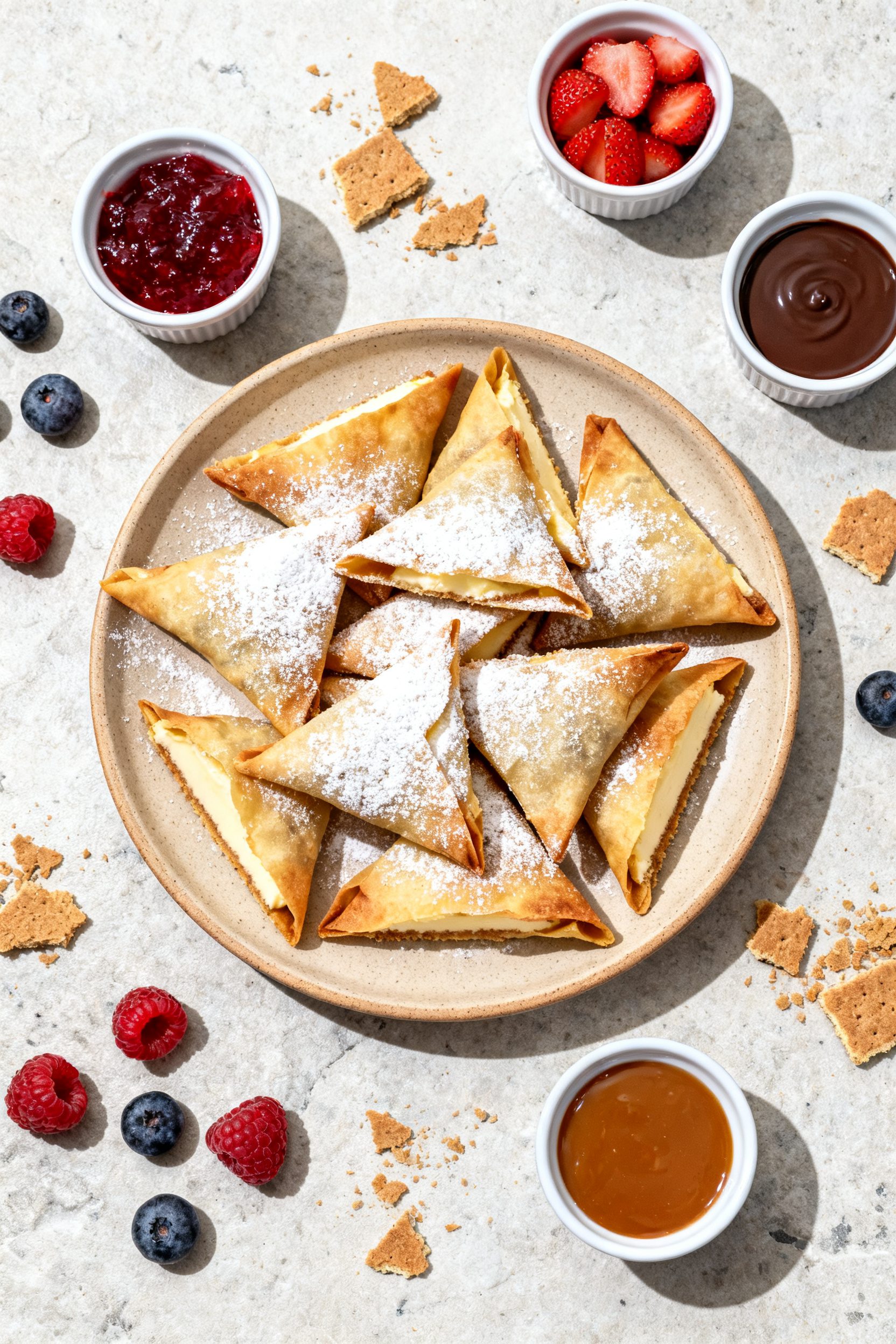 Tasty top view: Overhead shot of a serving plate piled with triangle and “rangoon”-style cheesec