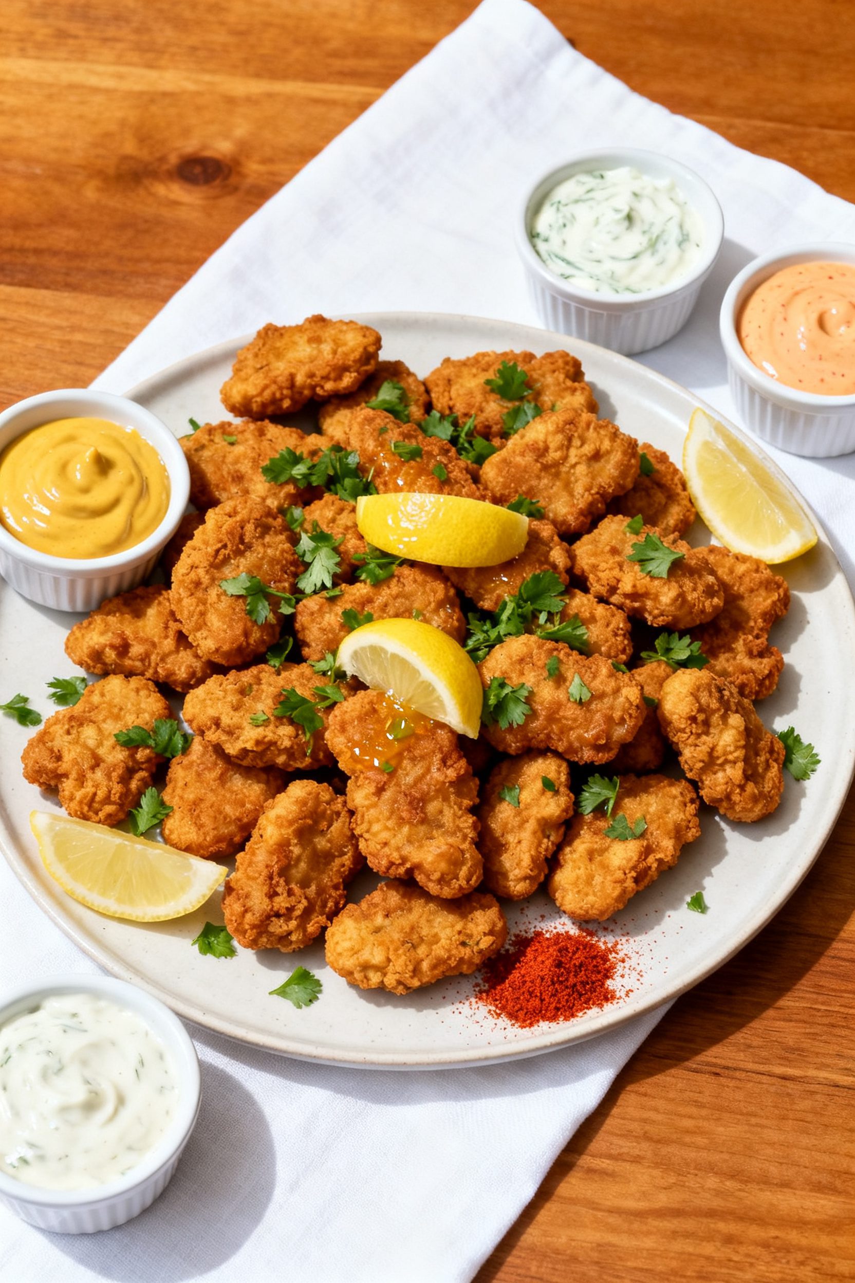 Tasty top view: Overhead shot of a serving platter piled with evenly sized chicken nuggets, deep gol