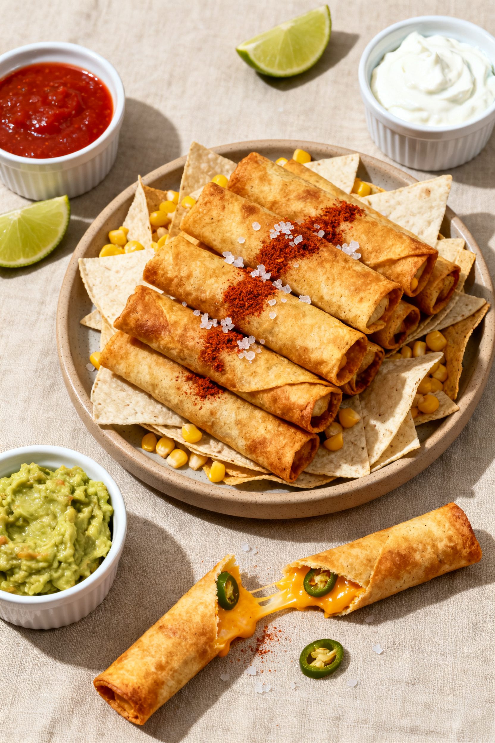 Tasty top view: Overhead shot of a serving platter piled with crispy cheese taquitos, sprinkled with
