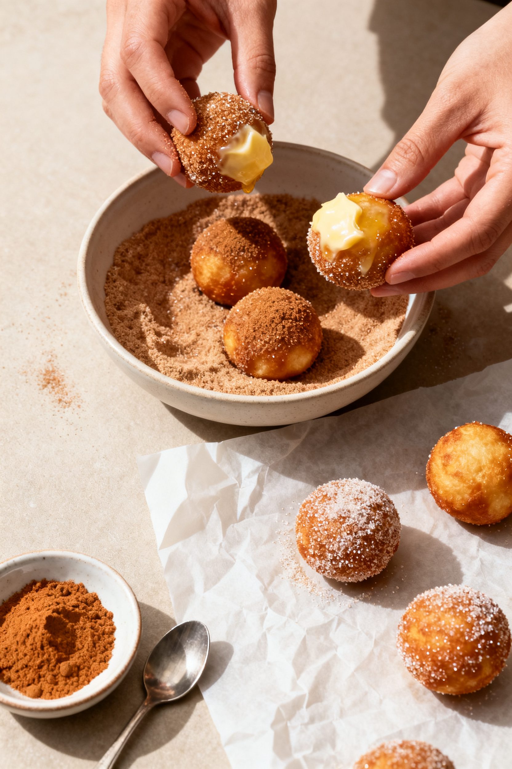 Tasty top view: Overhead shot of a shallow bowl filled with cinnamon sugar, with several warm donut 