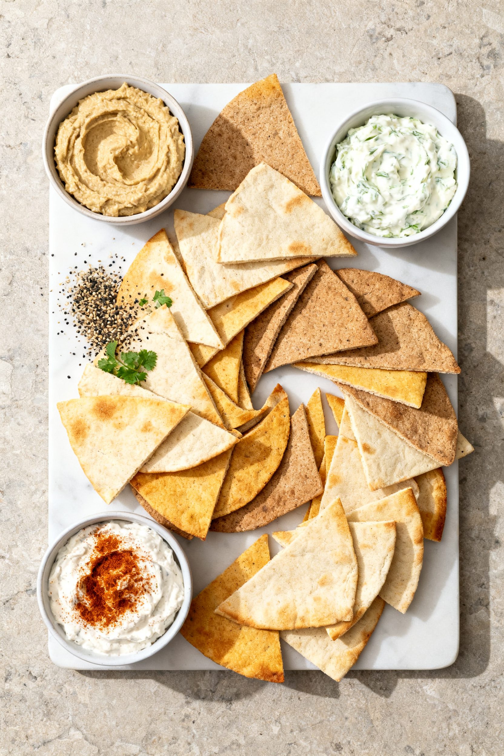 Tasty top view: Overhead shot of a shareable platter of mixed white and whole-wheat air fryer pita c