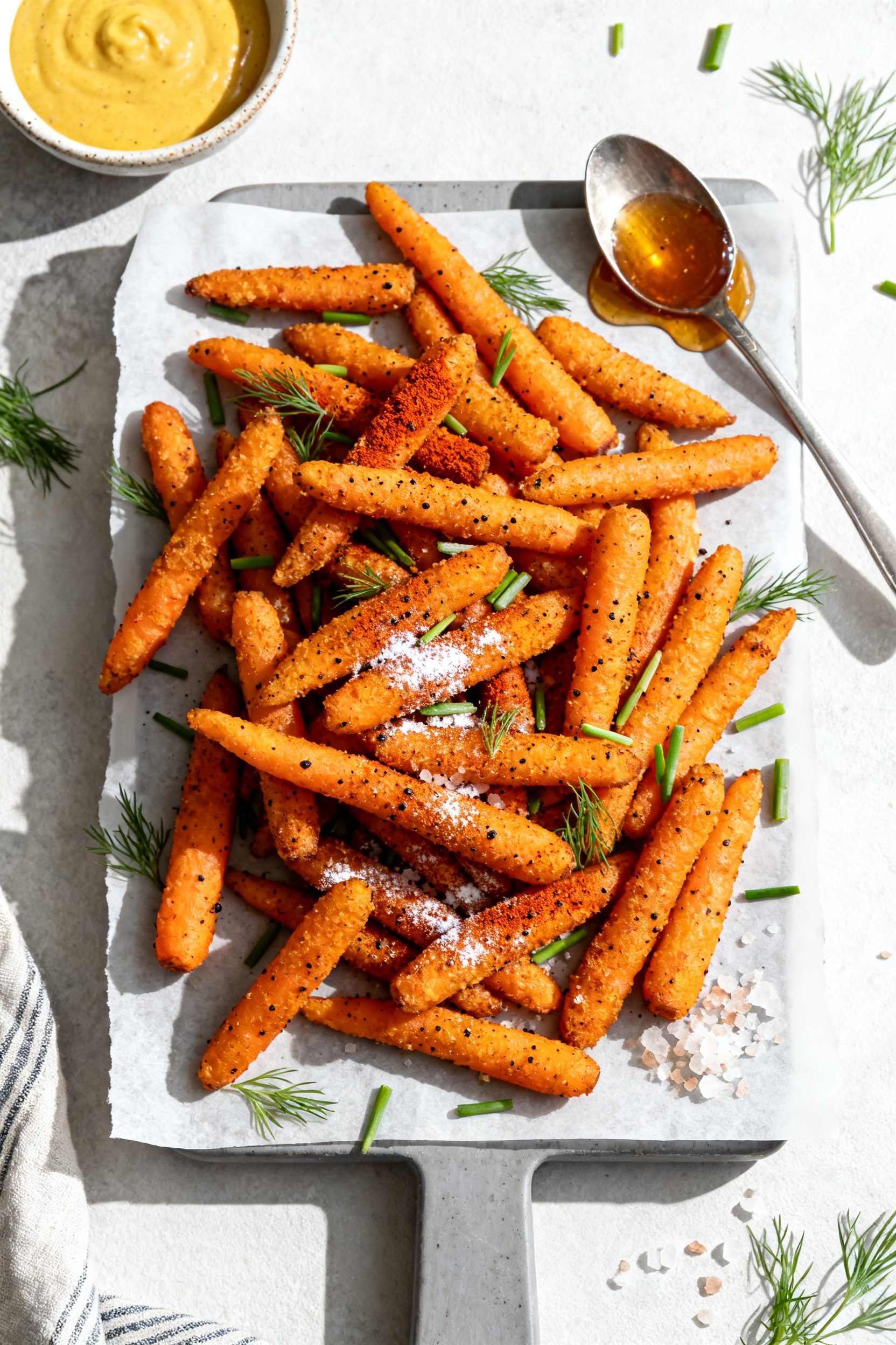Tasty top view: Overhead shot of a sheet of parchment on a board piled with golden-brown baby carrot