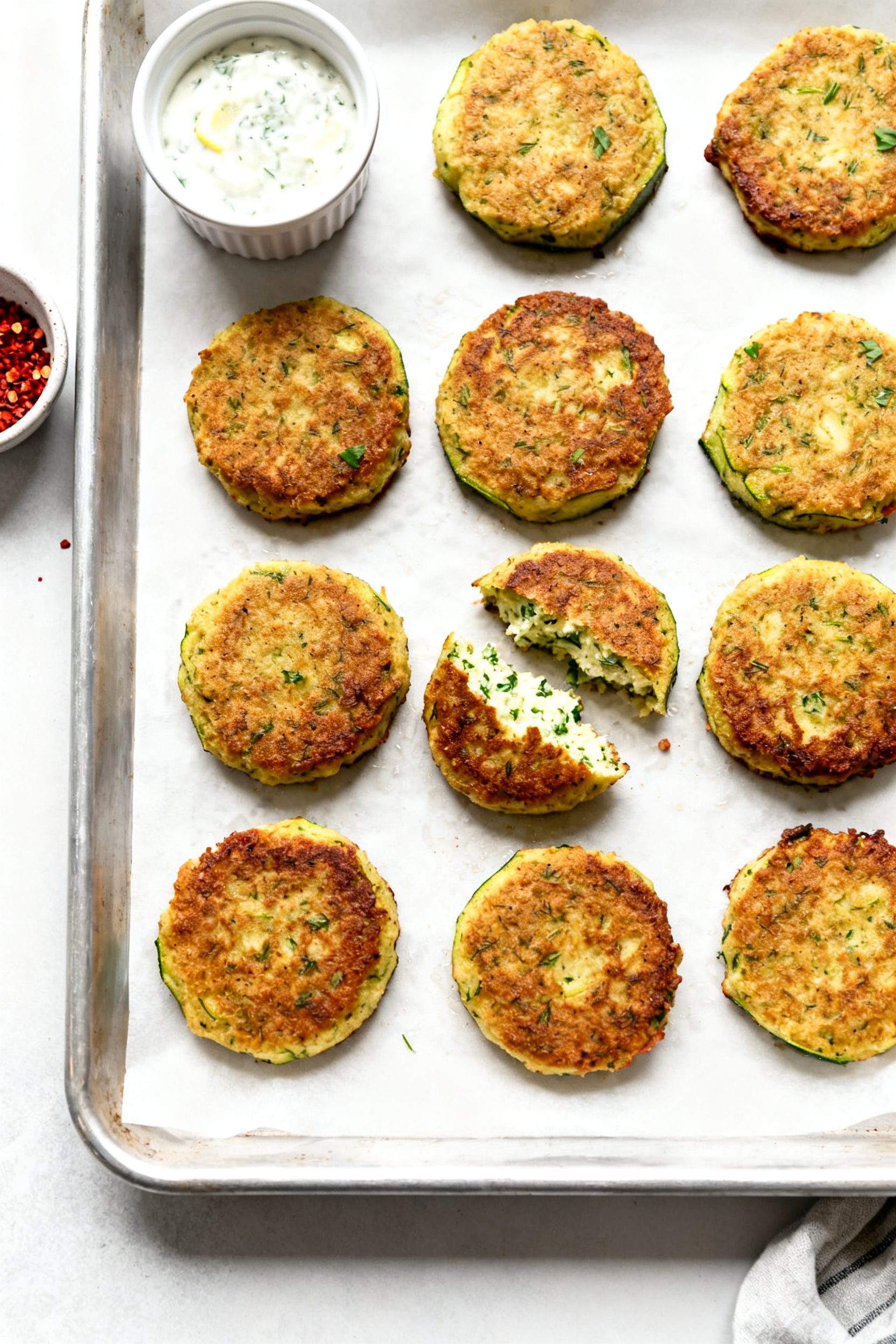 Tasty top view: Overhead shot of a sheet pan holding a batch of finished zucchini cakes kept warm (2