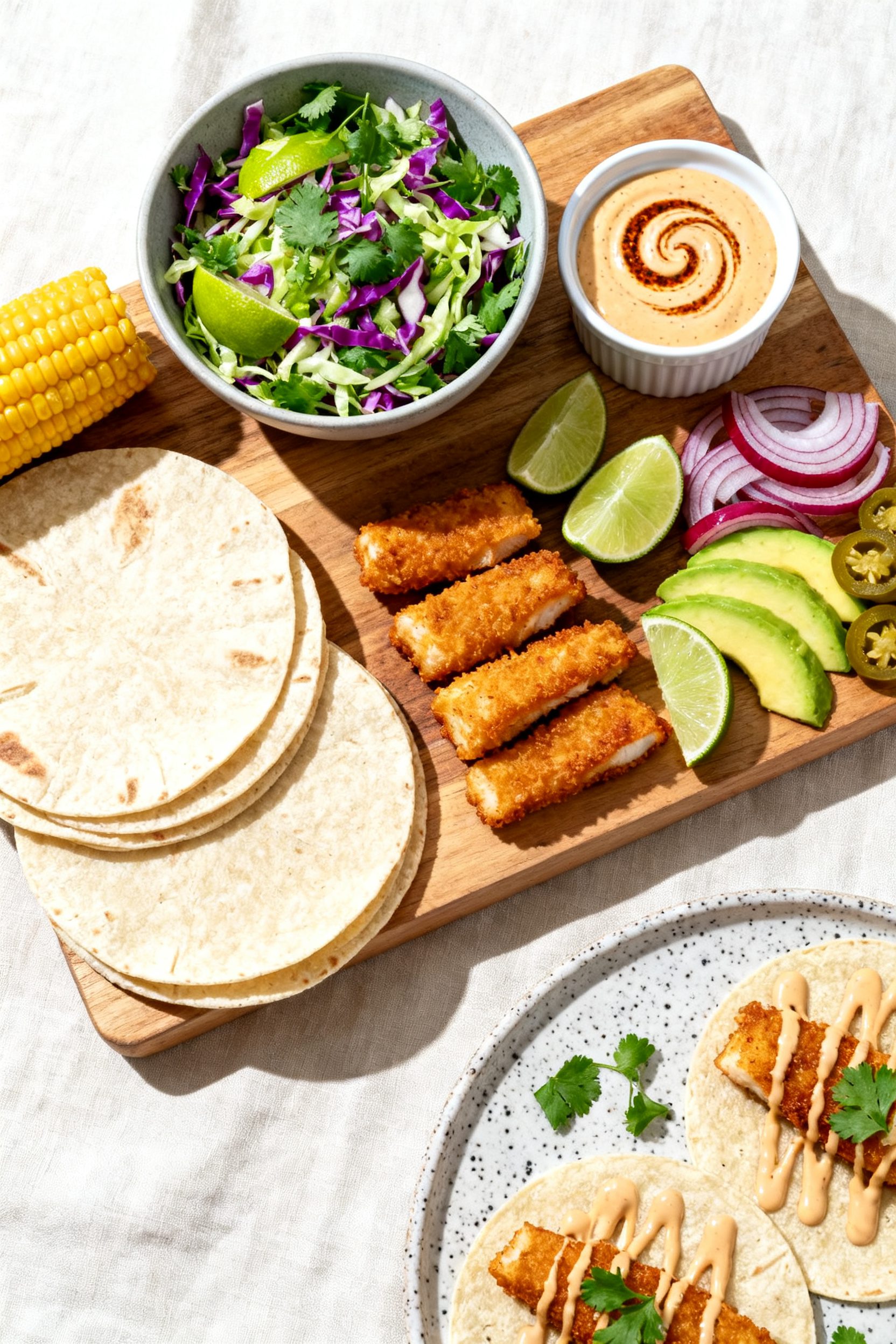 Tasty top view: Overhead shot of a taco assembly board—warm corn and flour tortillas, a bowl of vi