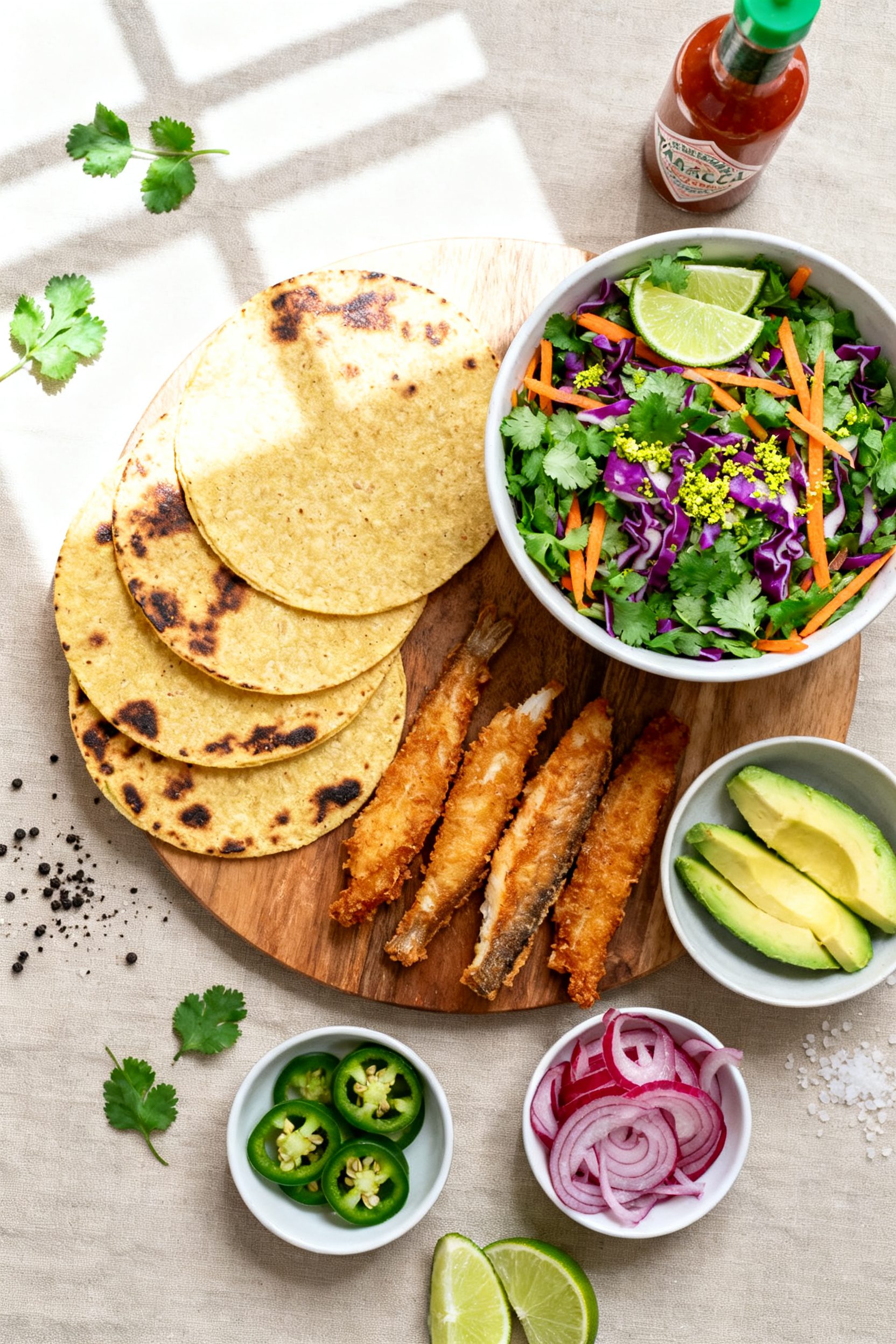 Tasty top view: Overhead shot of a taco assembly board with warm, slightly charred corn tortillas, a