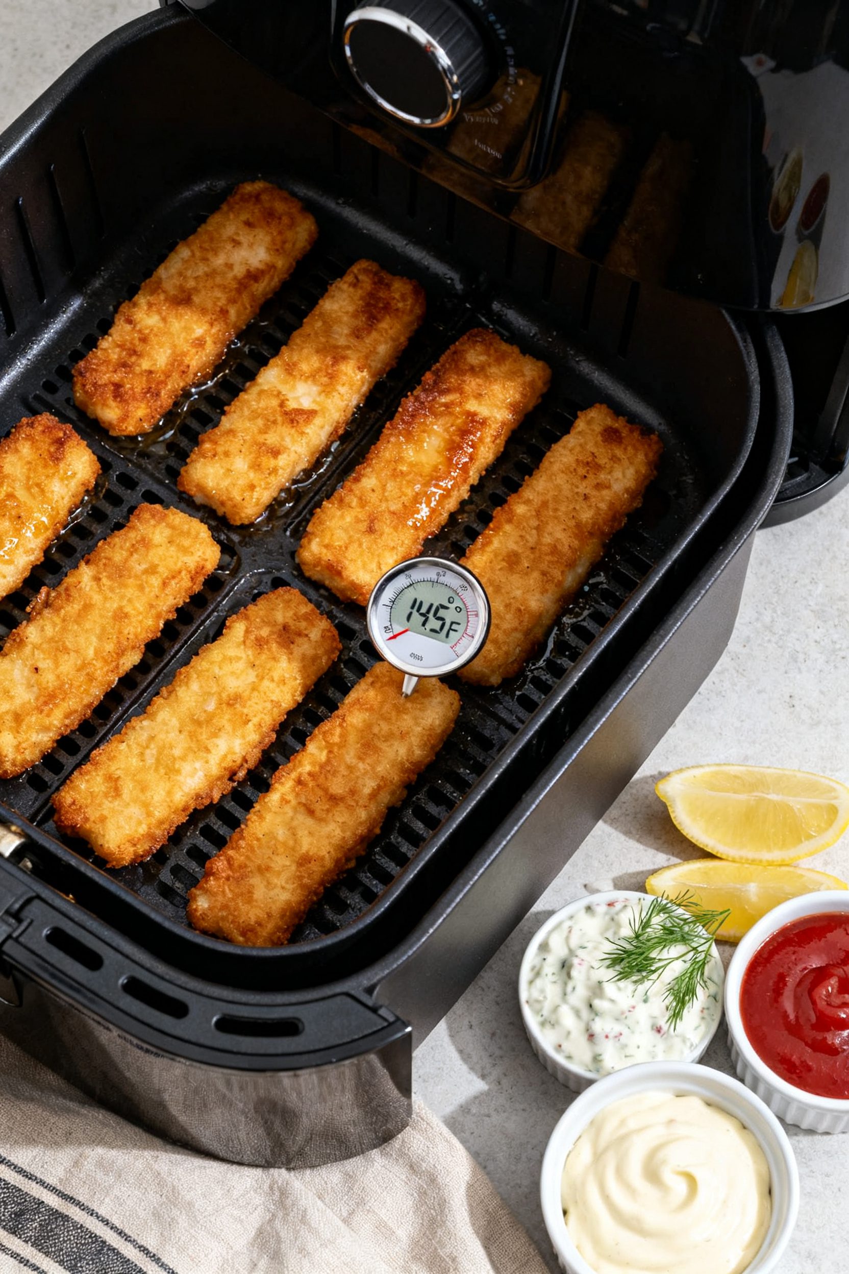 Tasty top view: Overhead shot of a tray of perfectly spaced fish sticks mid-cook in an air fryer bas