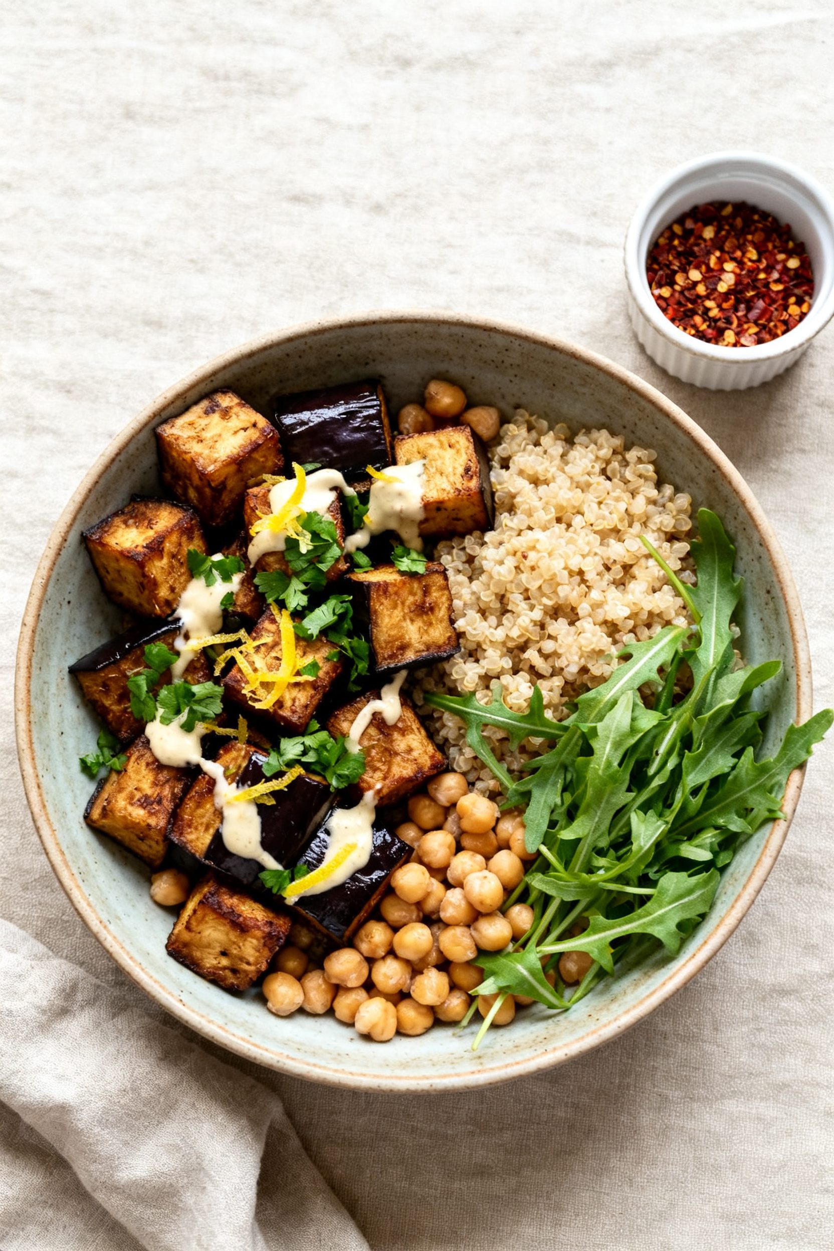 Tasty top view: Overhead shot of a warm grain bowl featuring air-fried eggplant cubes nestled with f