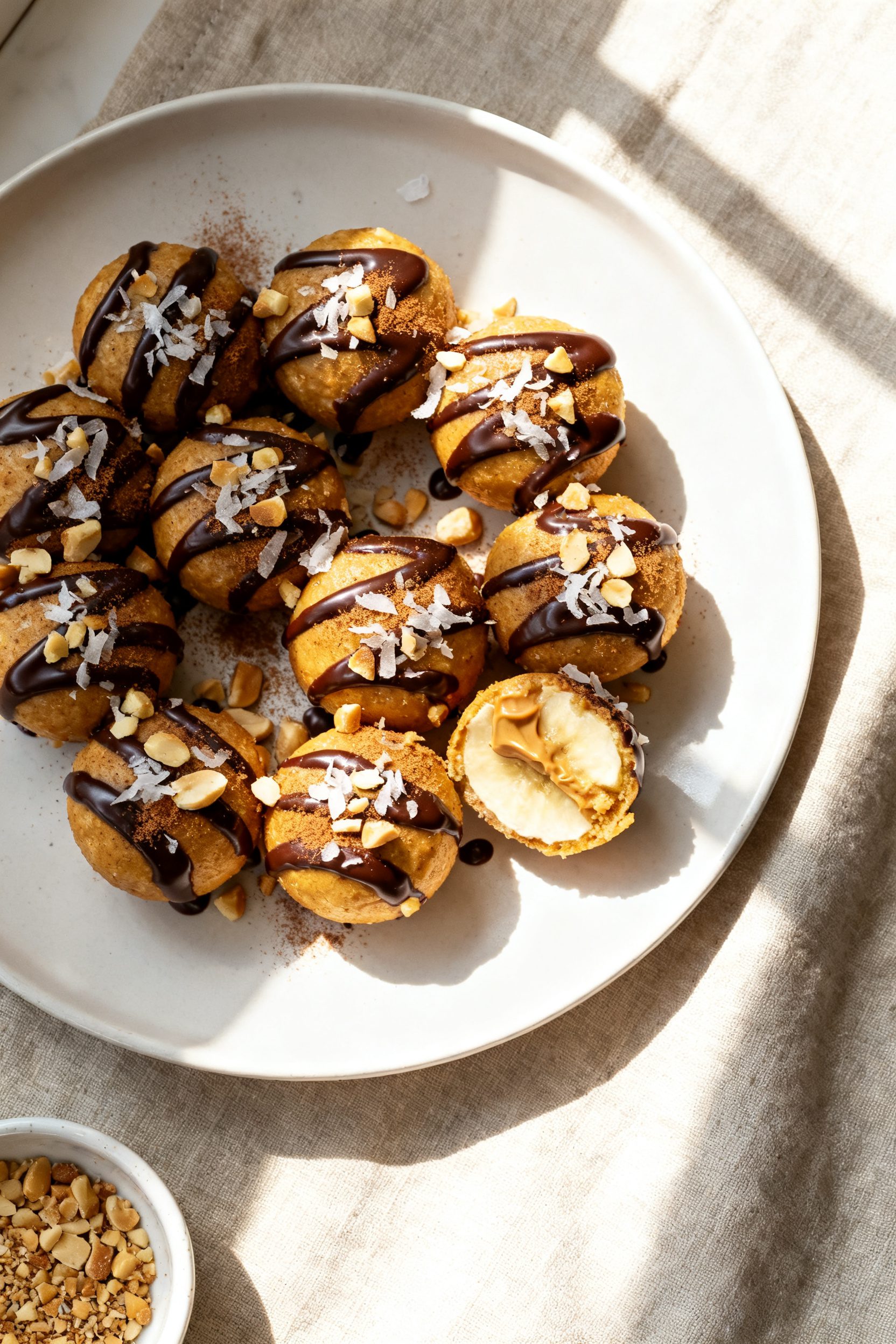 Tasty top view: Overhead shot of a warm platter of Air Fryer Banana Peanut Butter Bites arranged in 