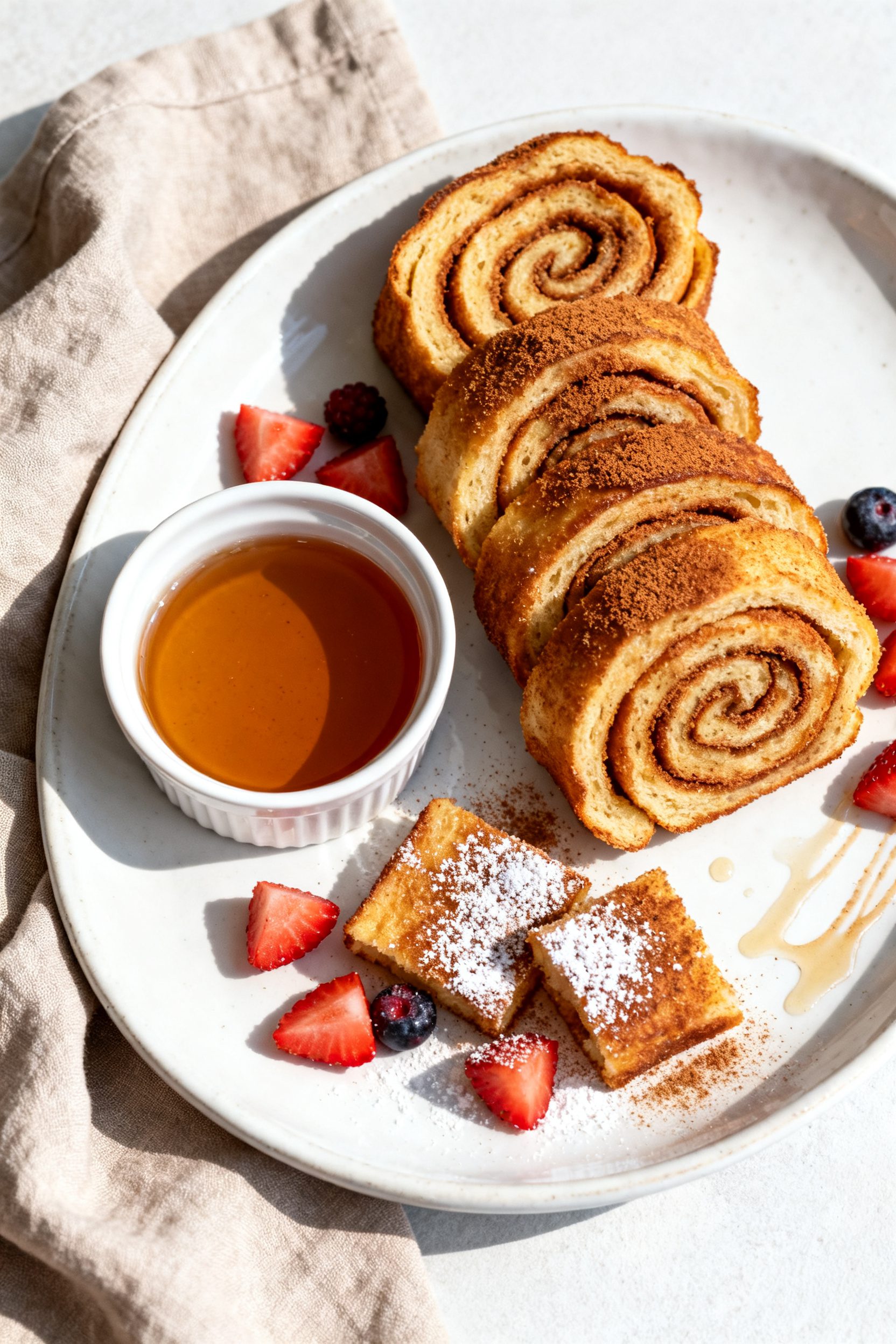 Tasty top view: Overhead shot of a warm platter of finished French Toast Roll Ups rolled in cinnamon