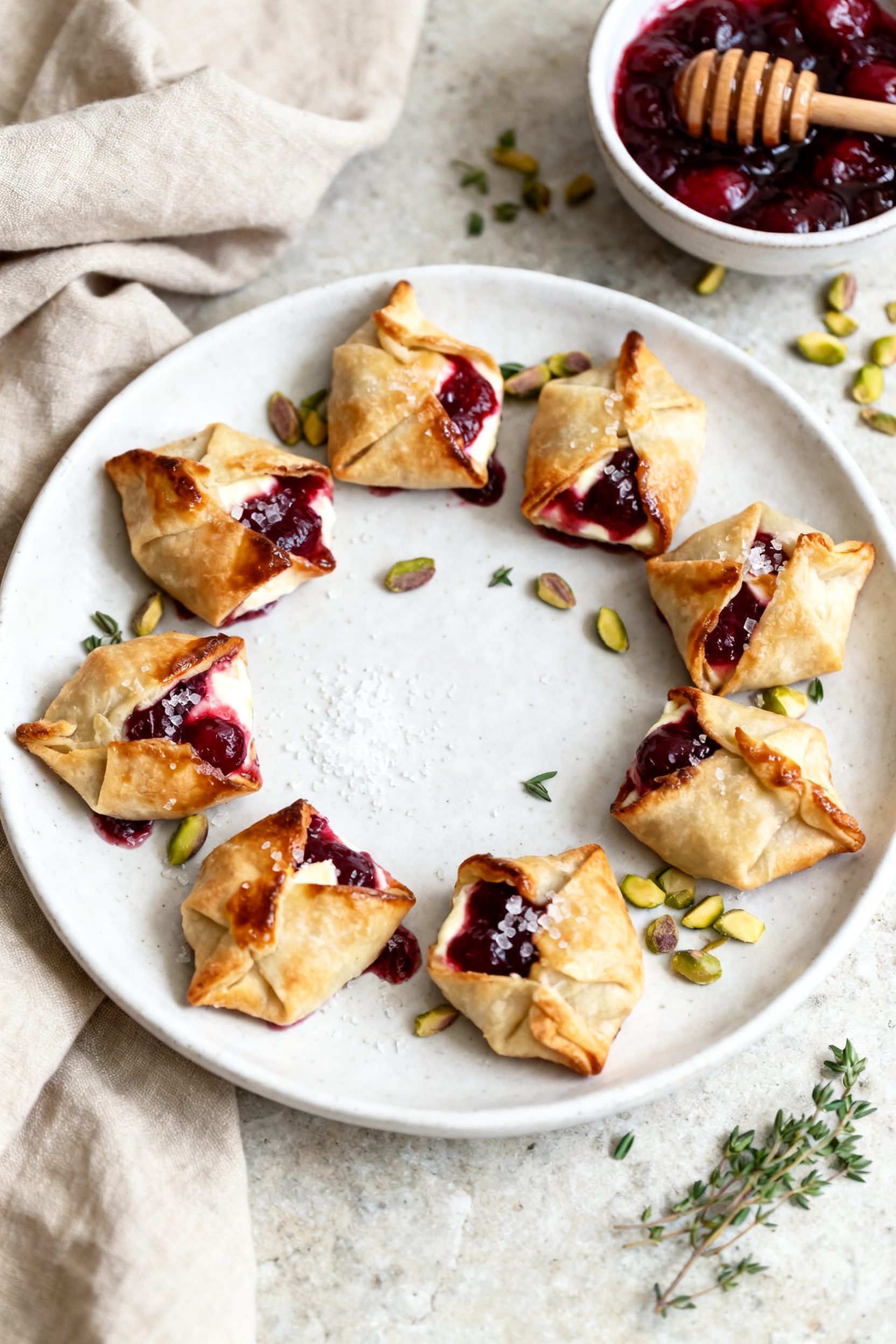 Tasty top view: Overhead shot of a warm platter of Cherry Brie Bites arranged in a loose circle on a