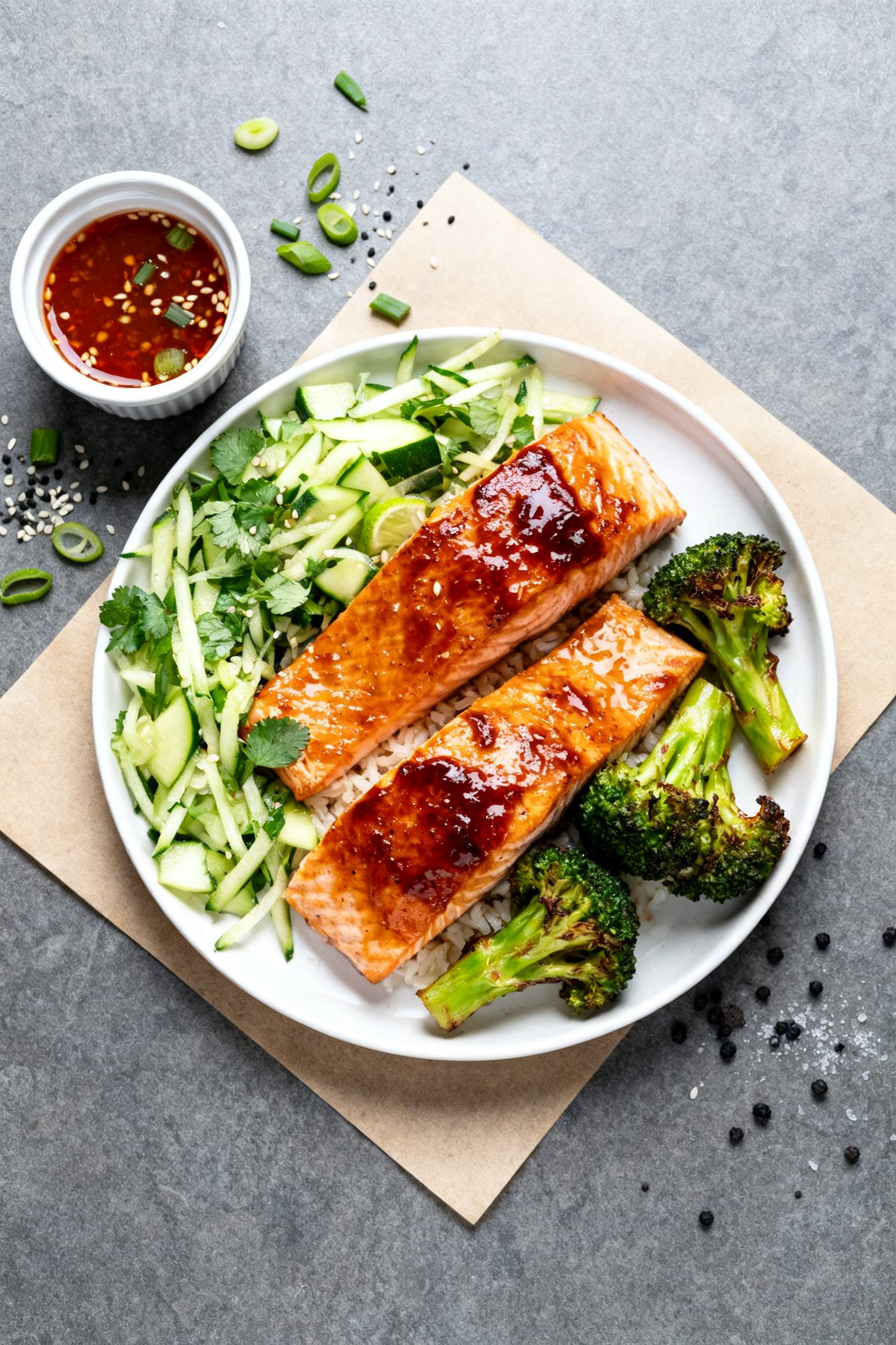 Tasty top view: Overhead shot of a weeknight salmon plate—two glazed fillets with lacquered, caram