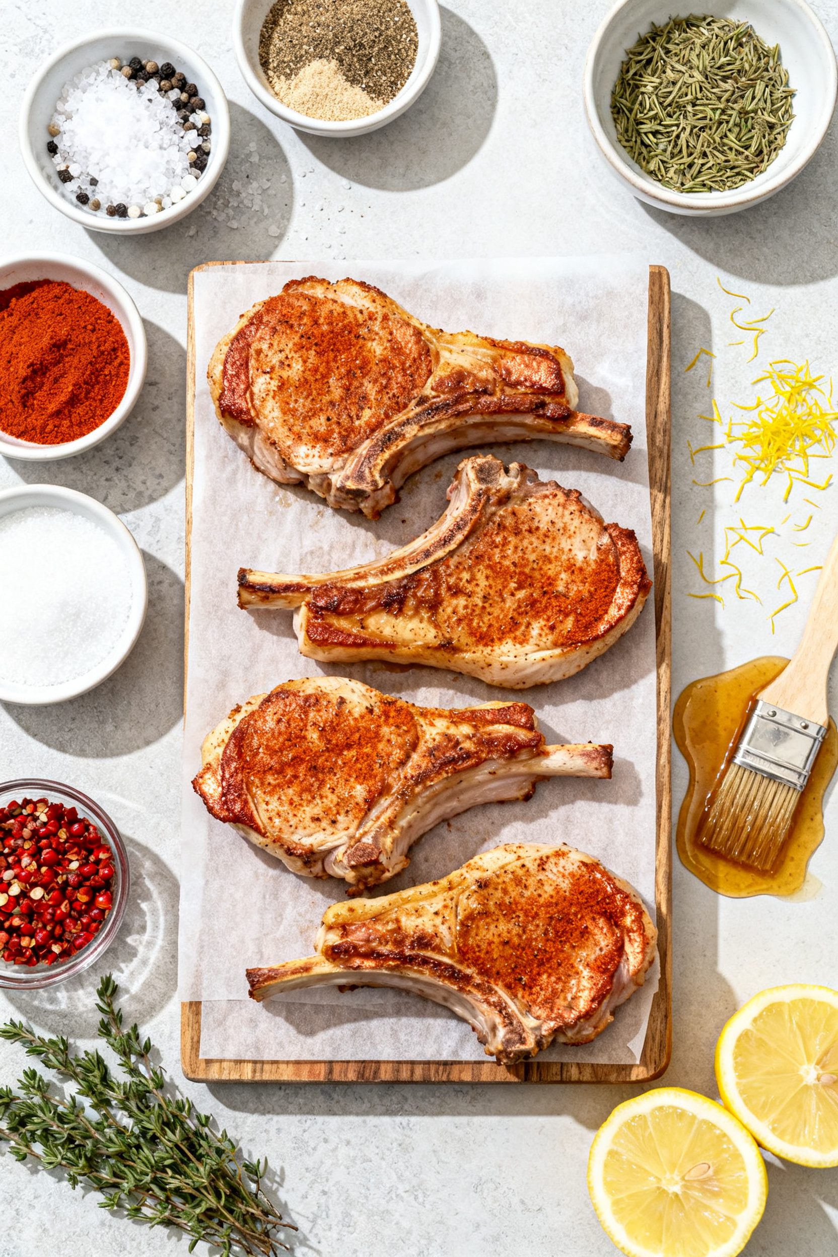 Tasty top view: Overhead shot of a weeknight spread—four seasoned, cooked turkey chops arranged in
