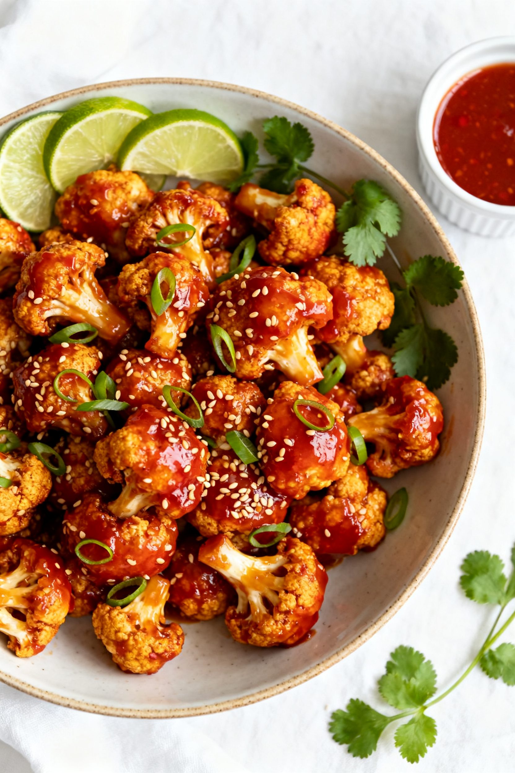 Tasty top view: Overhead shot of a wide bowl filled with freshly tossed sweet chili cauliflower bite