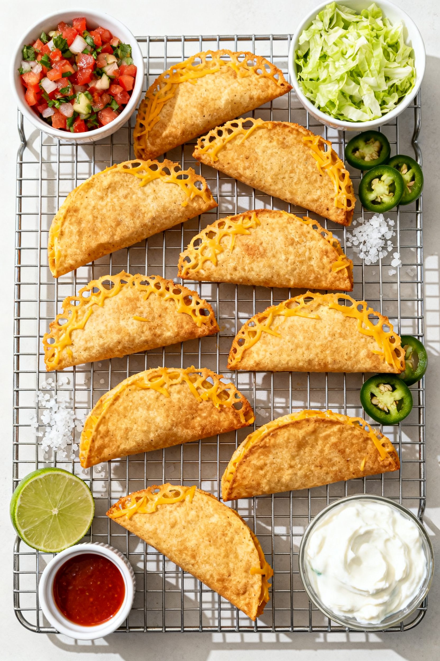 Tasty top view: Overhead shot of a wire rack holding a fresh batch of finished air fryer tacos stayi
