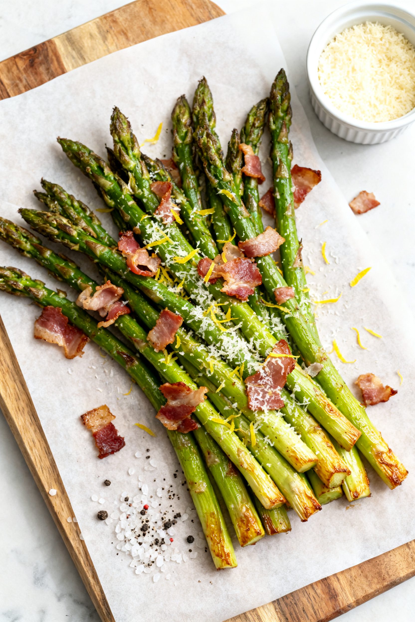 Tasty top view: Overhead shot of Air Fryer Asparagus with Bacon arranged on a parchment-lined board,