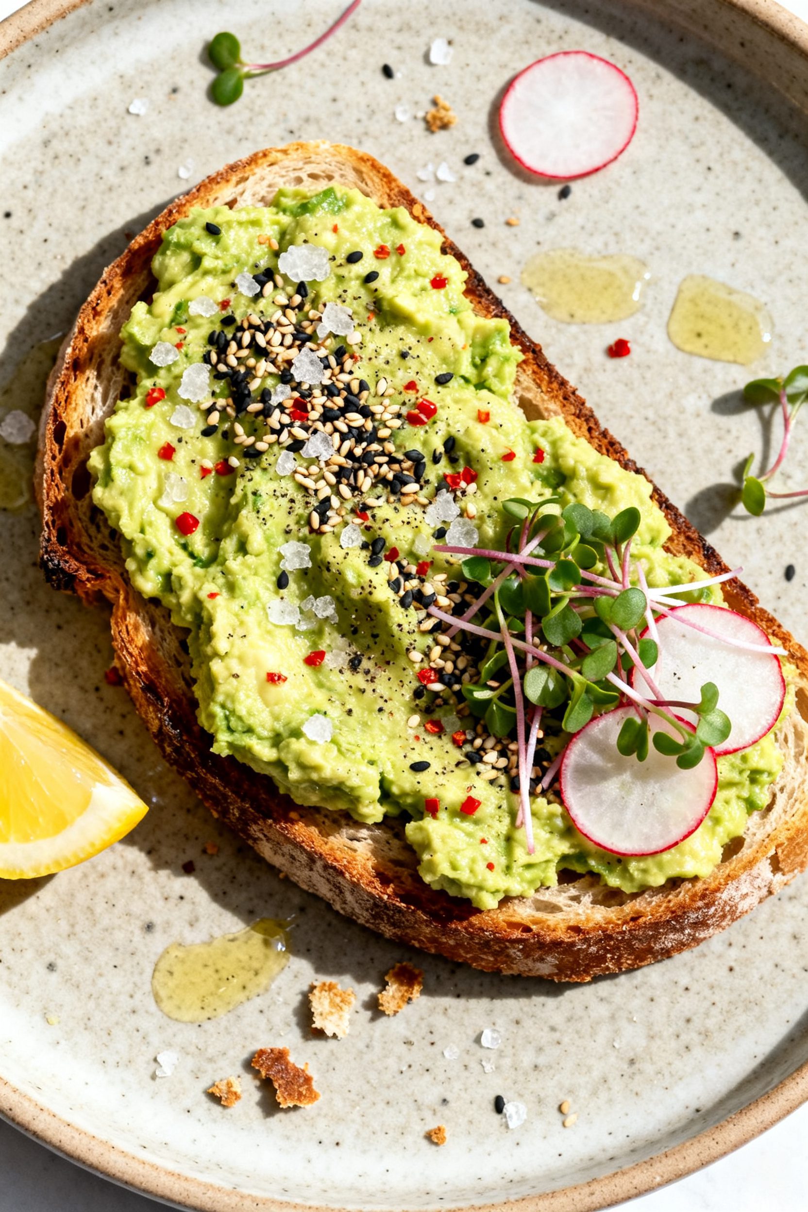 Tasty top-view: Overhead shot of air fryer avocado toast on a stoneware plate—thick sourdough slic