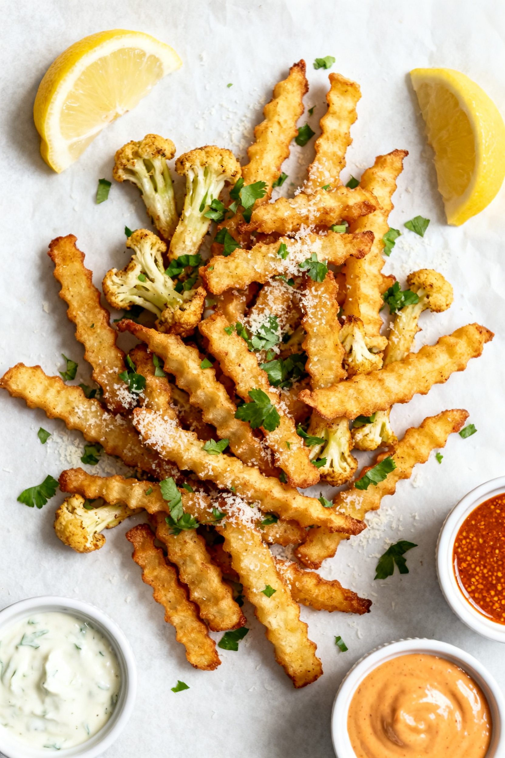 Tasty top view: Overhead shot of air fryer cauliflower fries arranged in a loose pile on a parchment