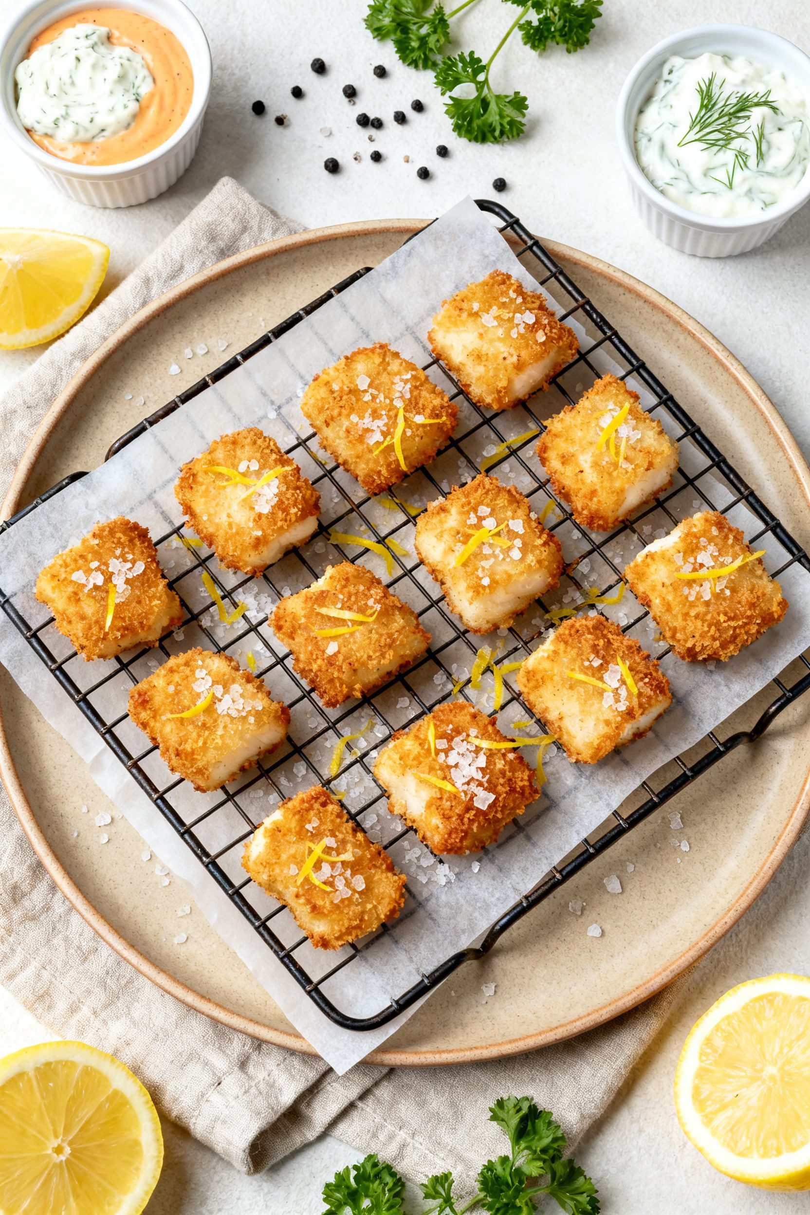 Tasty top view: Overhead shot of air fryer cod bites arranged in a single layer on a parchment-lined