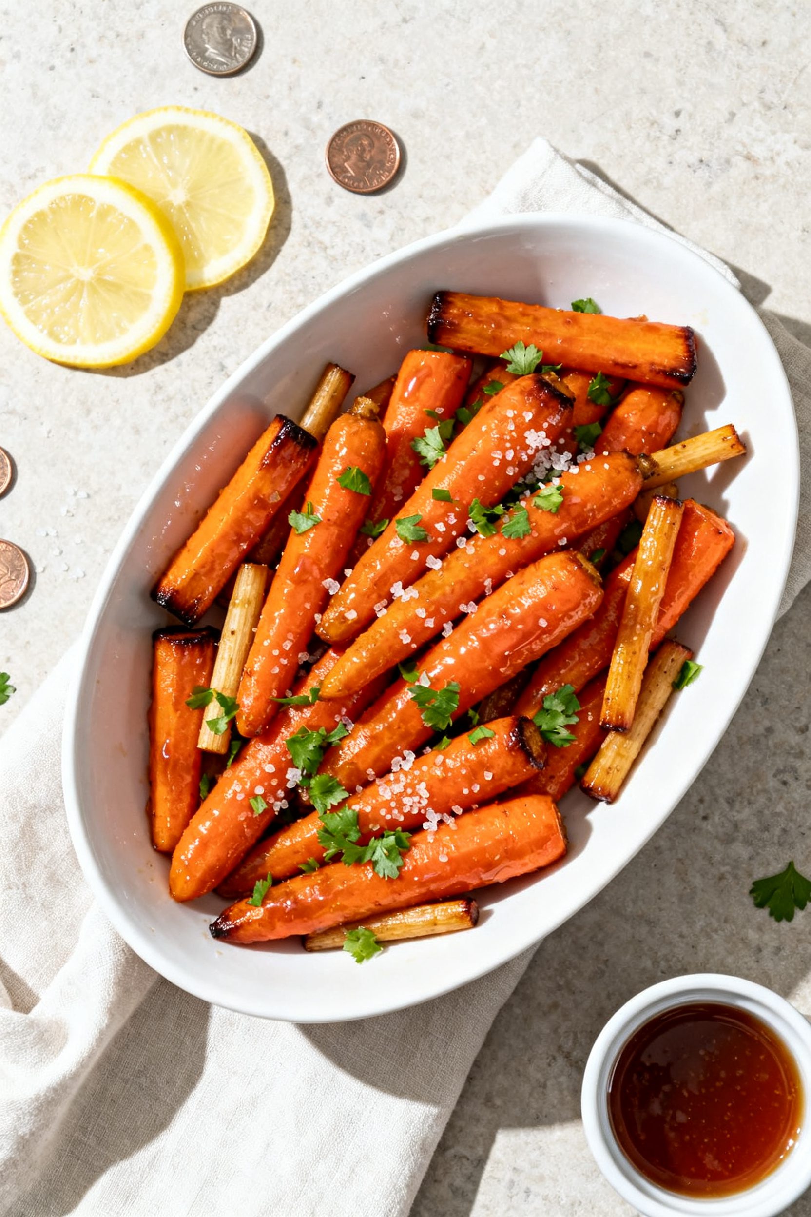 Tasty top view: Overhead shot of Air Fryer Glazed Carrots arranged in a shallow white oval serving d