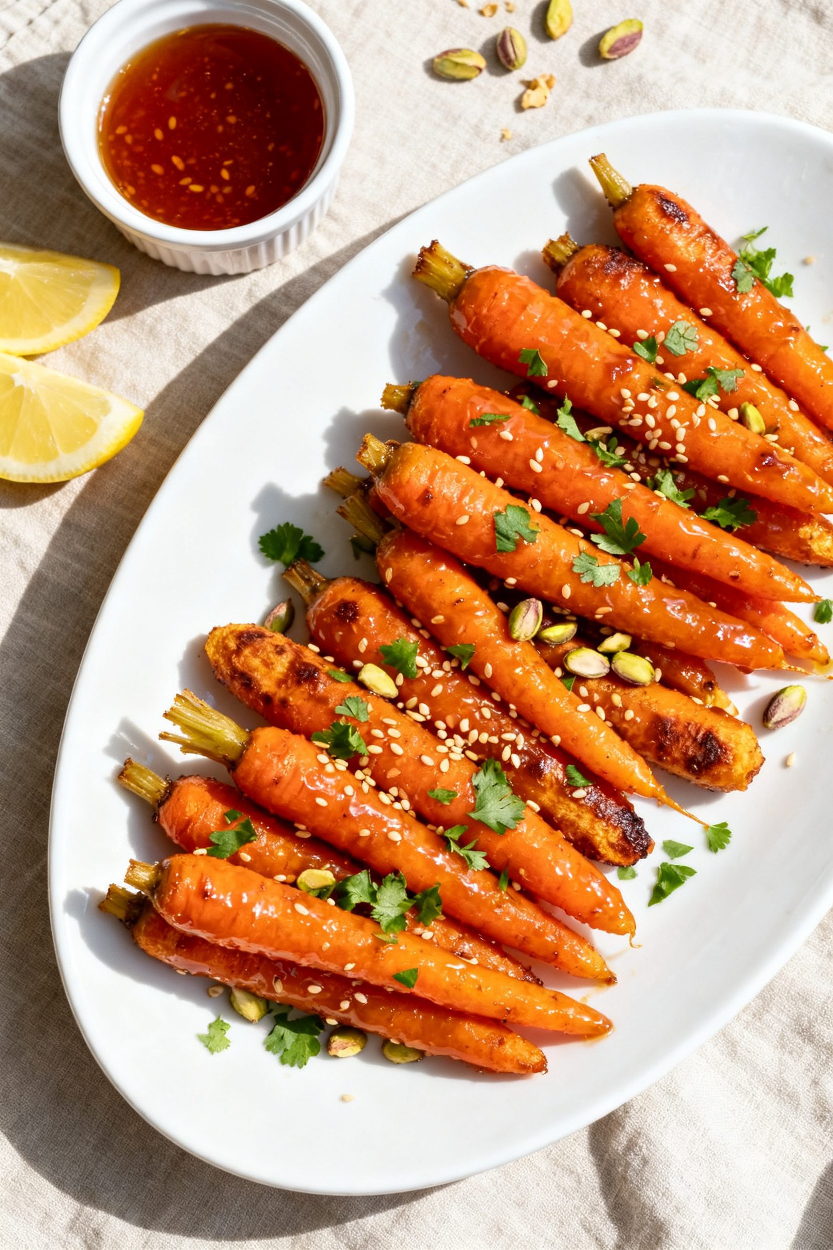 Tasty top view: Overhead shot of Air Fryer Hot Honey Carrots arranged on a white oval platter, evenl