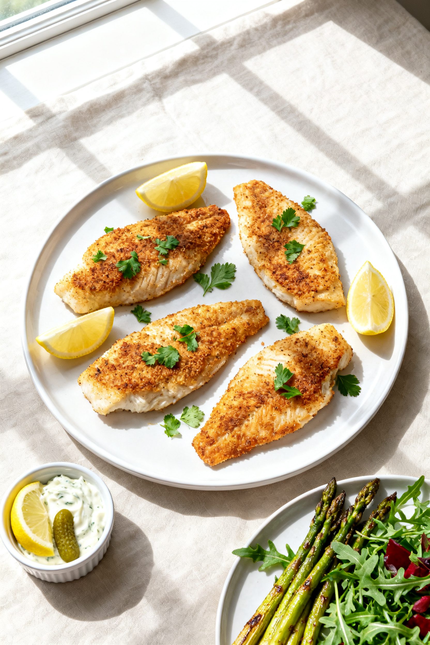 Tasty top view: Overhead shot of Air Fryer Keto Fish plated family-style—four fillets arranged on 