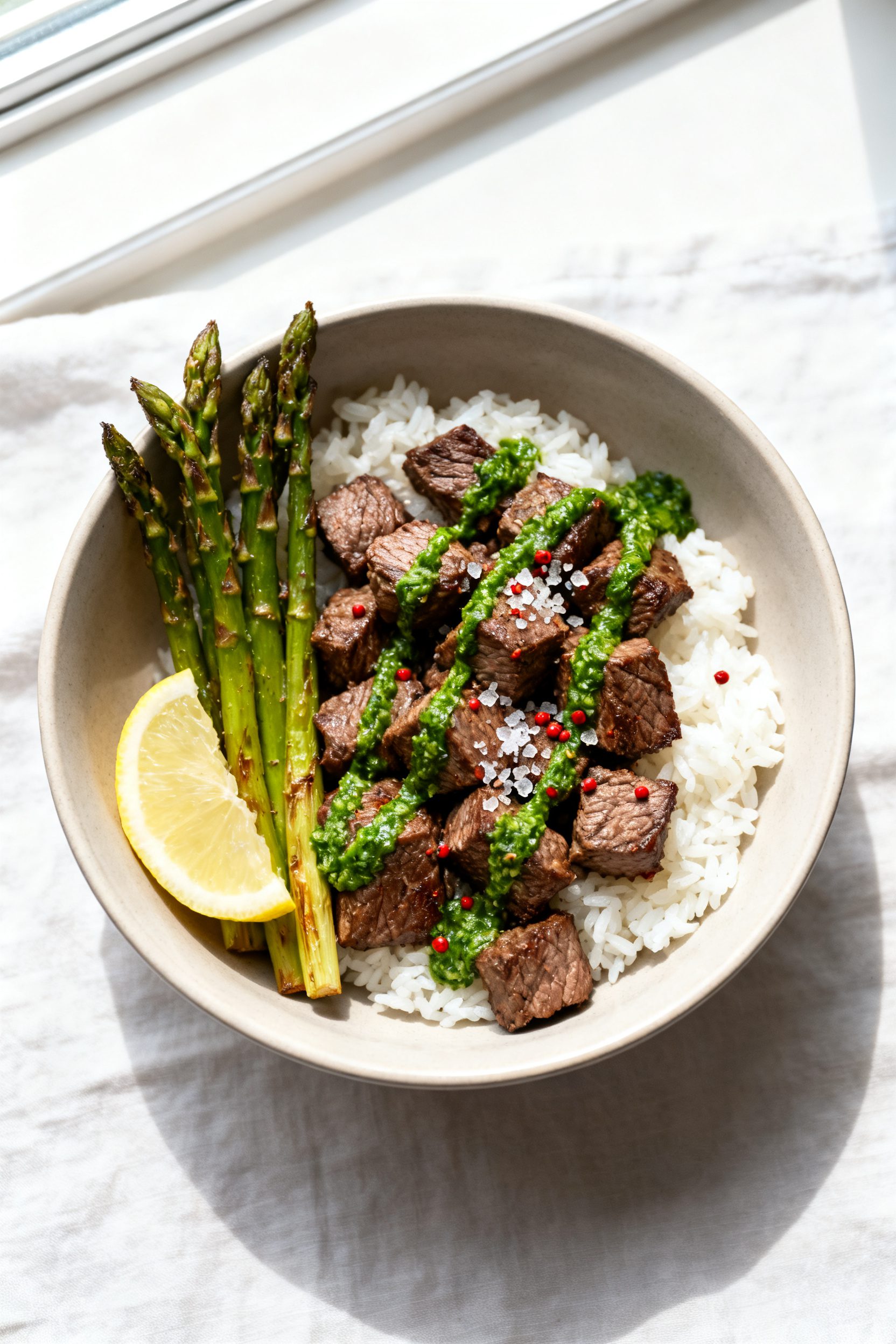 Tasty top view: Overhead shot of air fryer steak cubes served bowl-style over fluffy white rice with