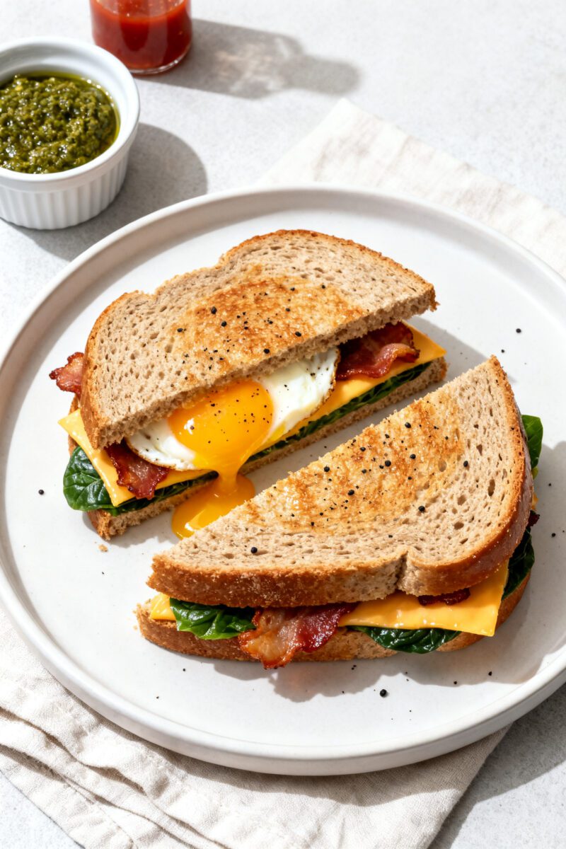 Tasty top view: Overhead shot of an assembled air fryer egg sandwich on whole wheat bread, cut diago