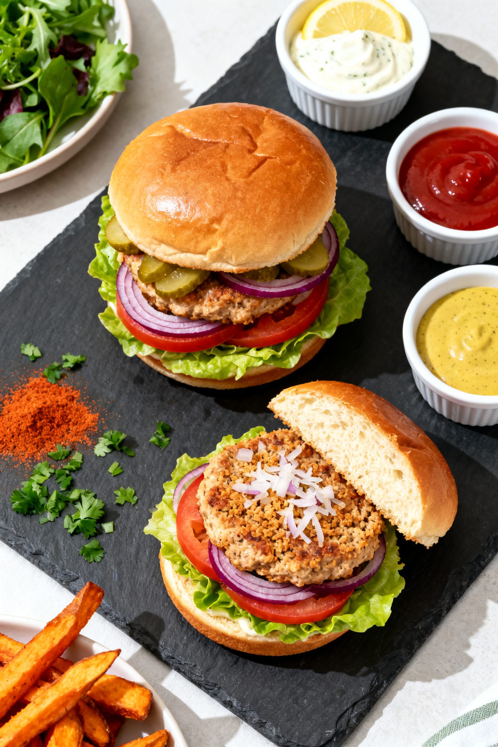 Tasty top view: Overhead shot of assembled air fryer ground chicken burgers on a slate board—brioc