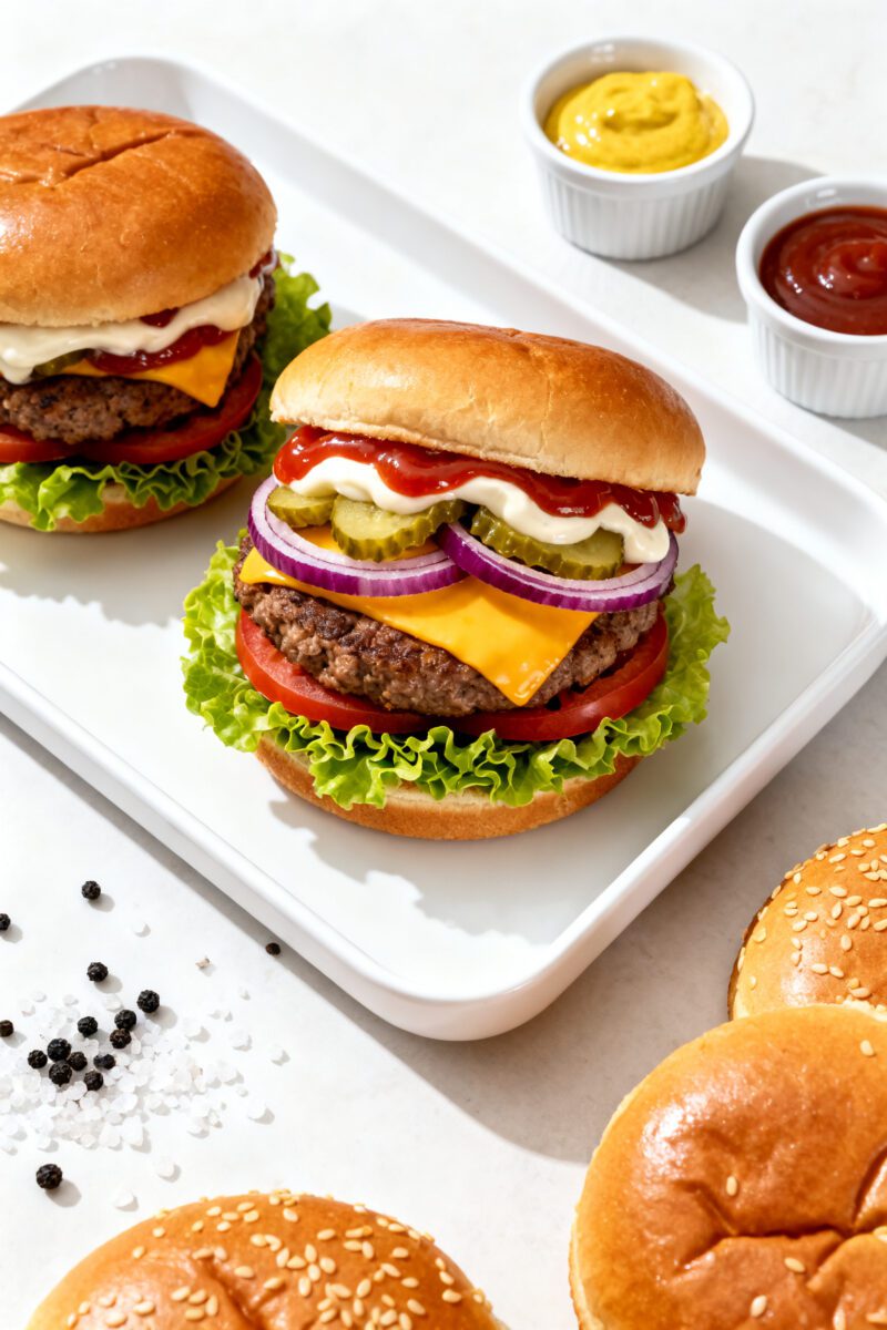 Tasty top view: Overhead shot of assembled air fryer cheeseburgers on toasted brioche buns, showing