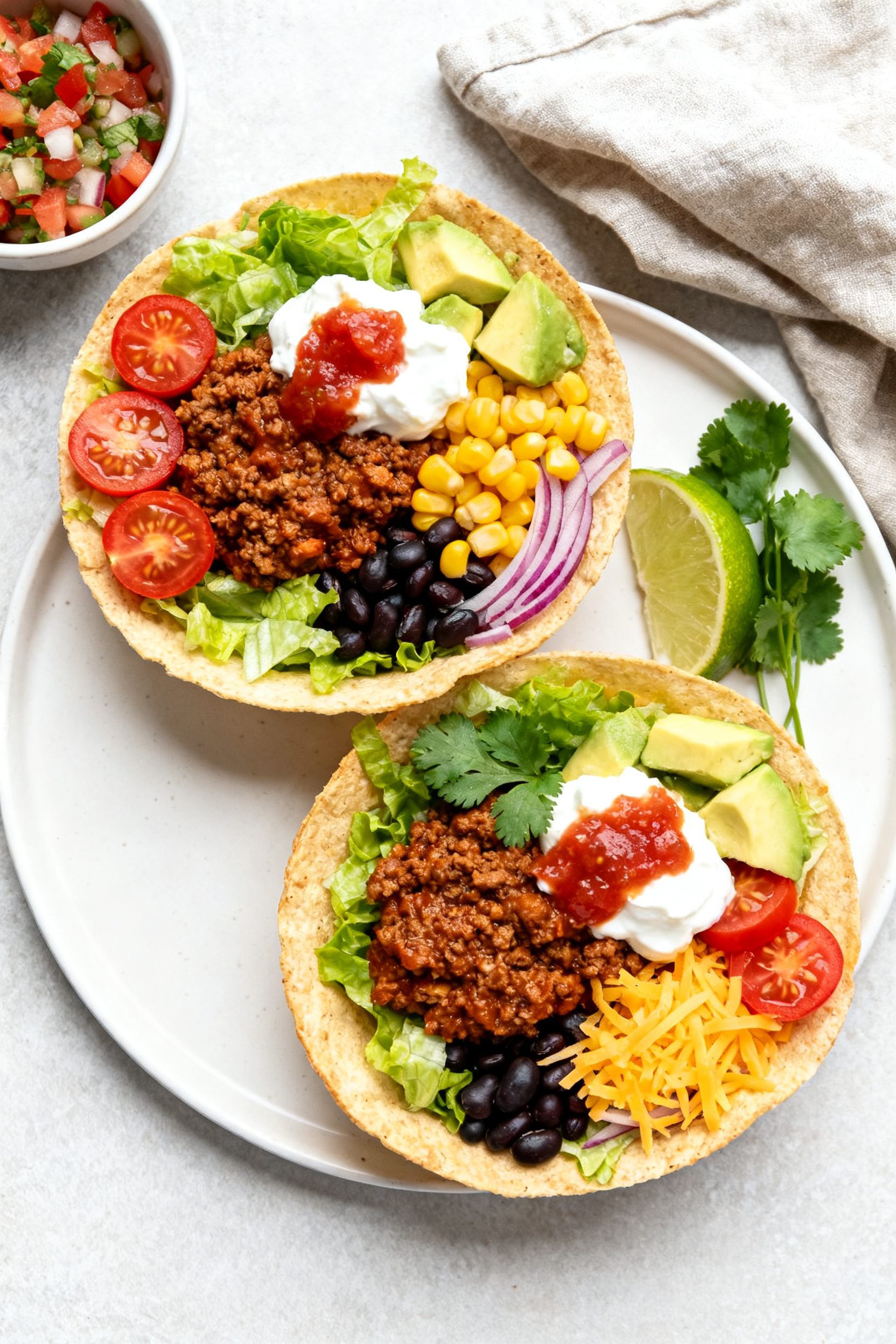 Tasty top view: Overhead shot of assembled Air Fryer Taco Salad Bowls in crisp tortilla shells, laye