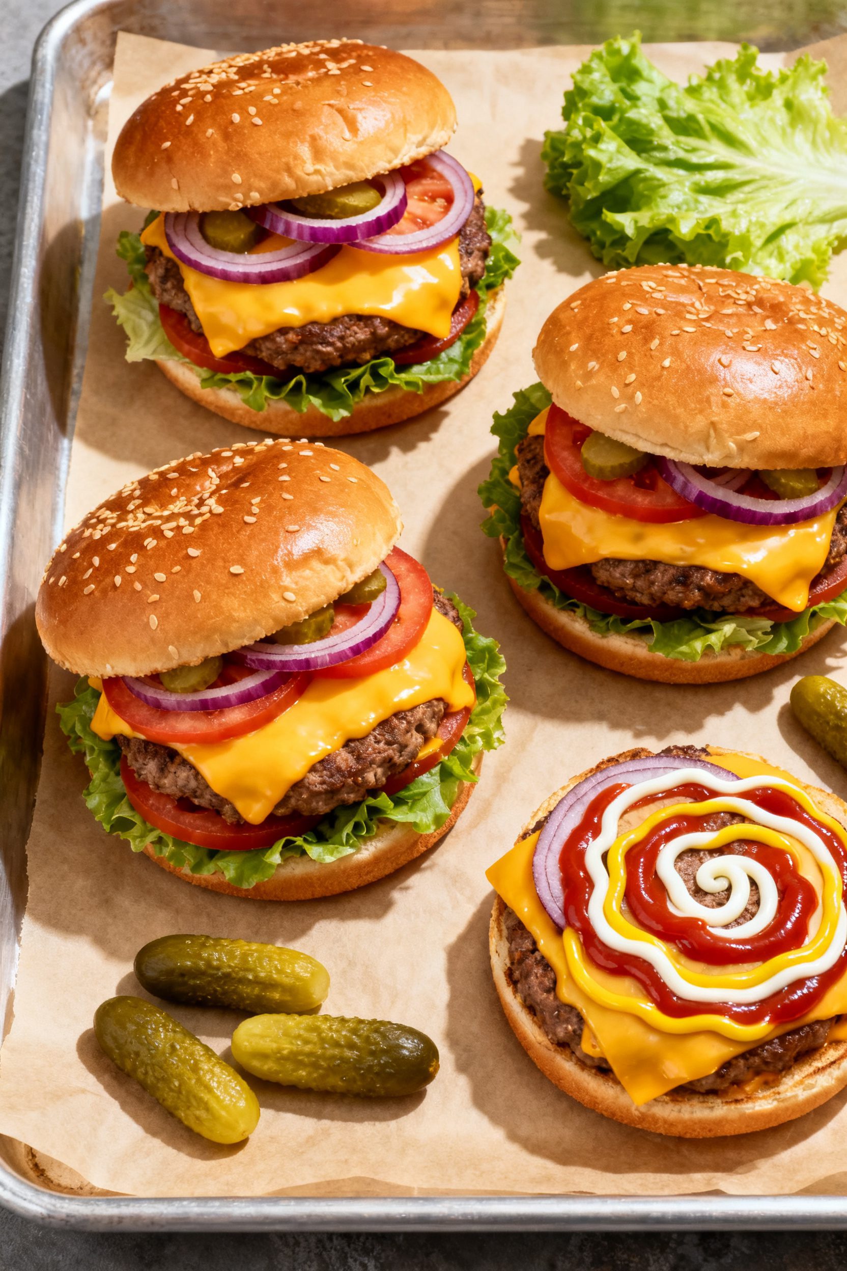 Tasty top view: Overhead shot of assembled classic cheeseburgers on toasted brioche and sesame buns,