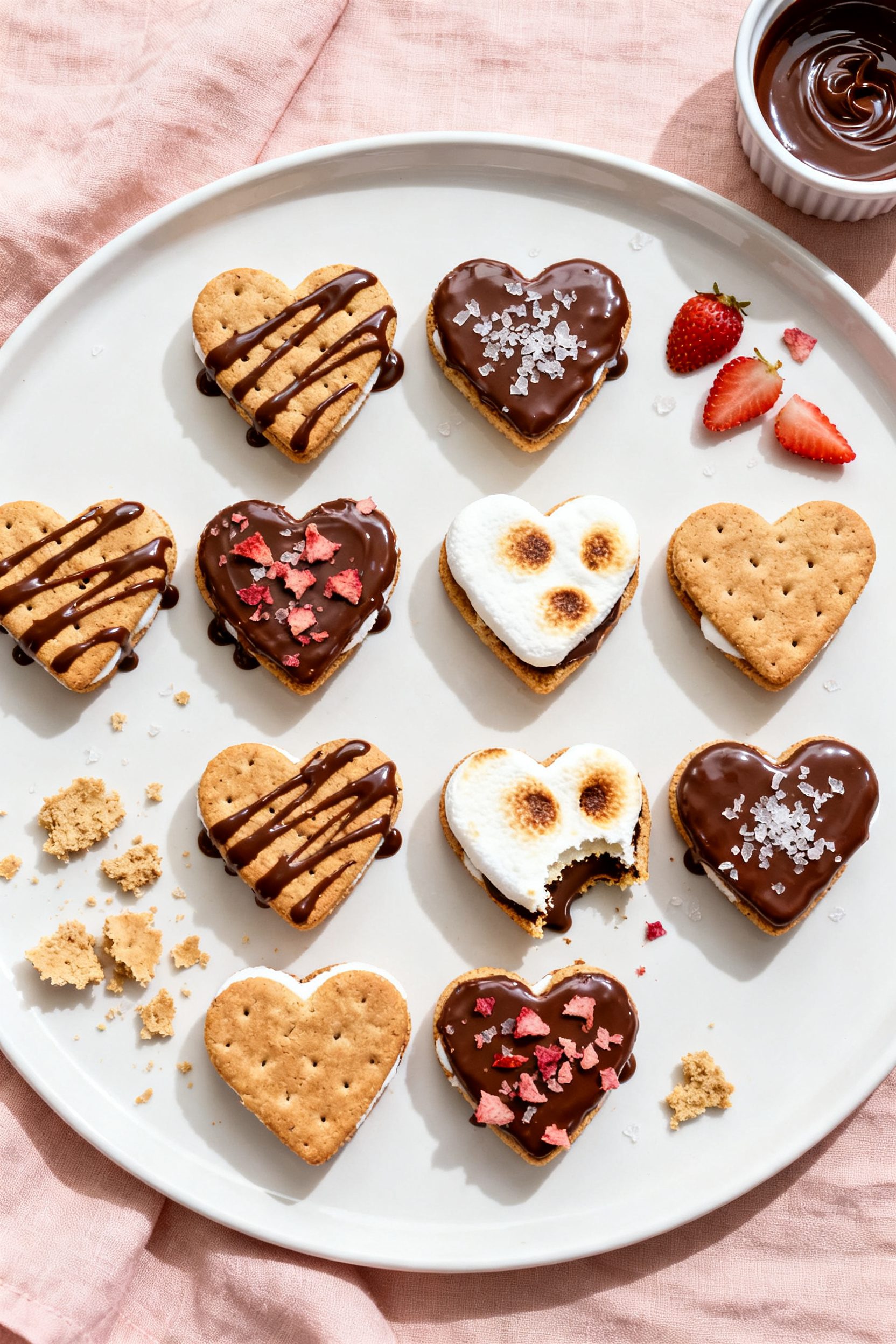 Tasty top view: Overhead shot of assorted finished heart-shaped s’mores arranged on a matte white