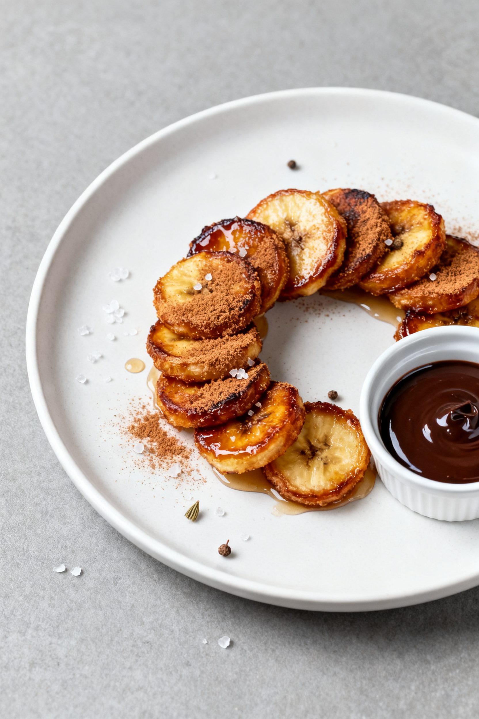 Tasty top view: Overhead shot of “Banana Churro Bites” variation—caramelized banana coins arra