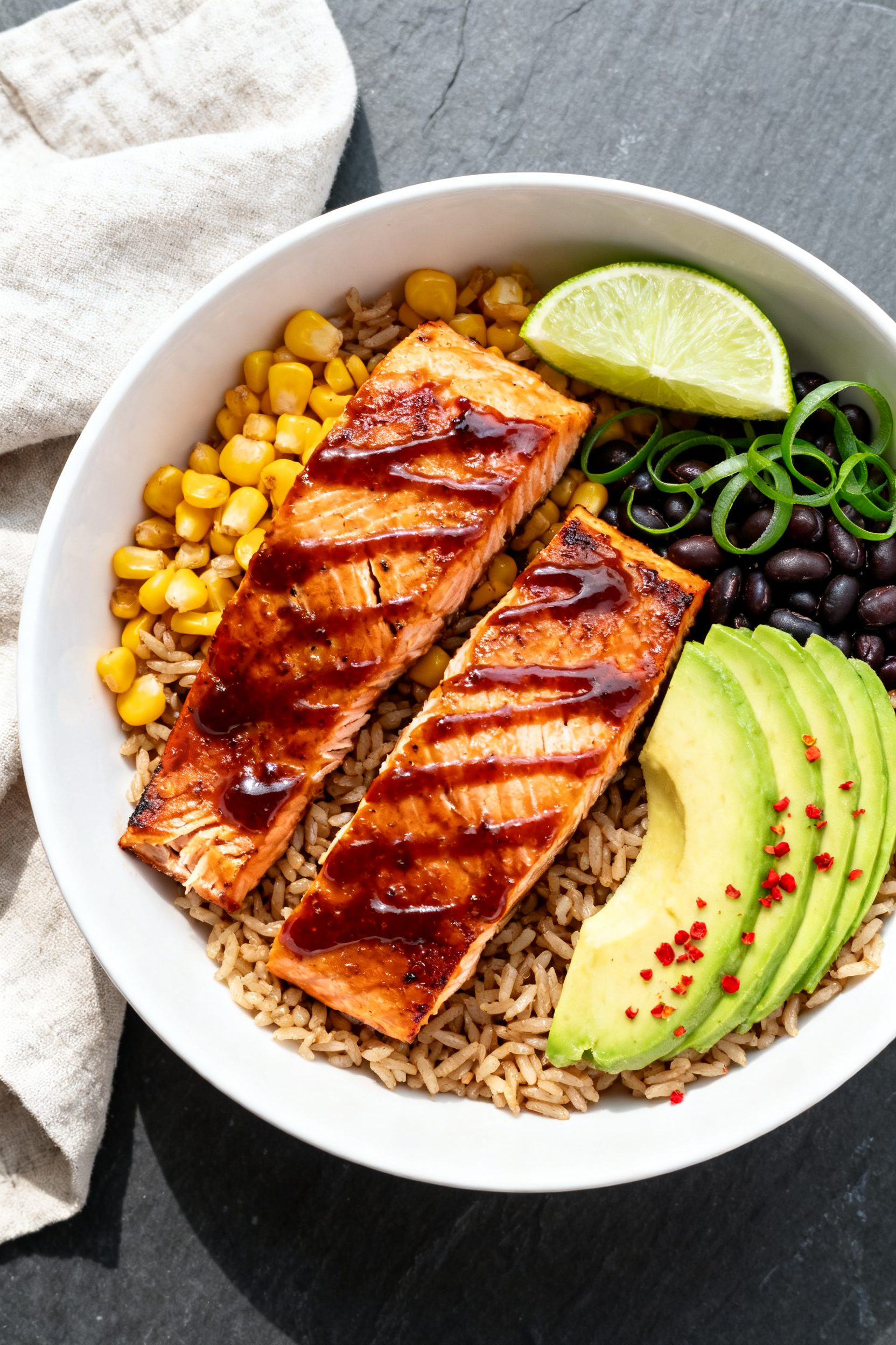 Tasty top view: Overhead shot of BBQ salmon bowl—two glazed fillets flaked slightly at the edge to