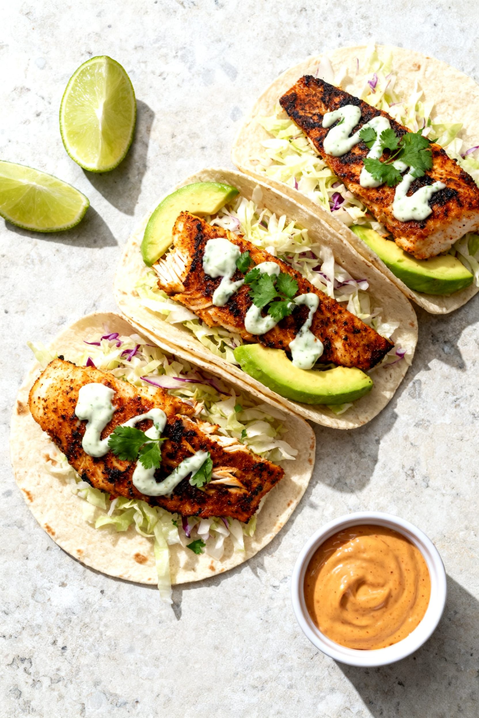 Tasty top view: Overhead shot of blackened tilapia fish tacos—three street-style tortillas filled 