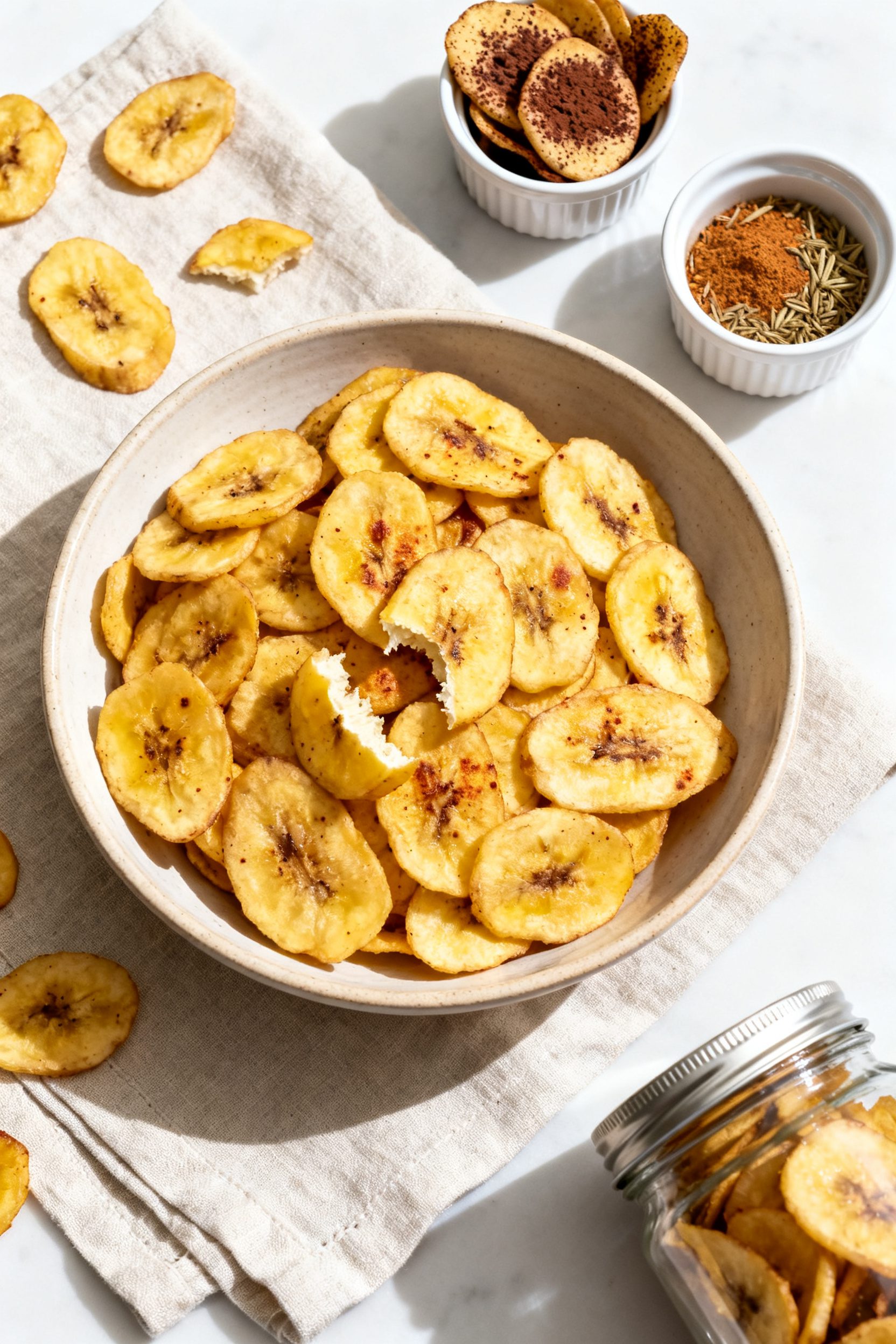 Tasty top view: Overhead shot of crisp banana chips in a wide, shallow ceramic bowl, golden-yellow w