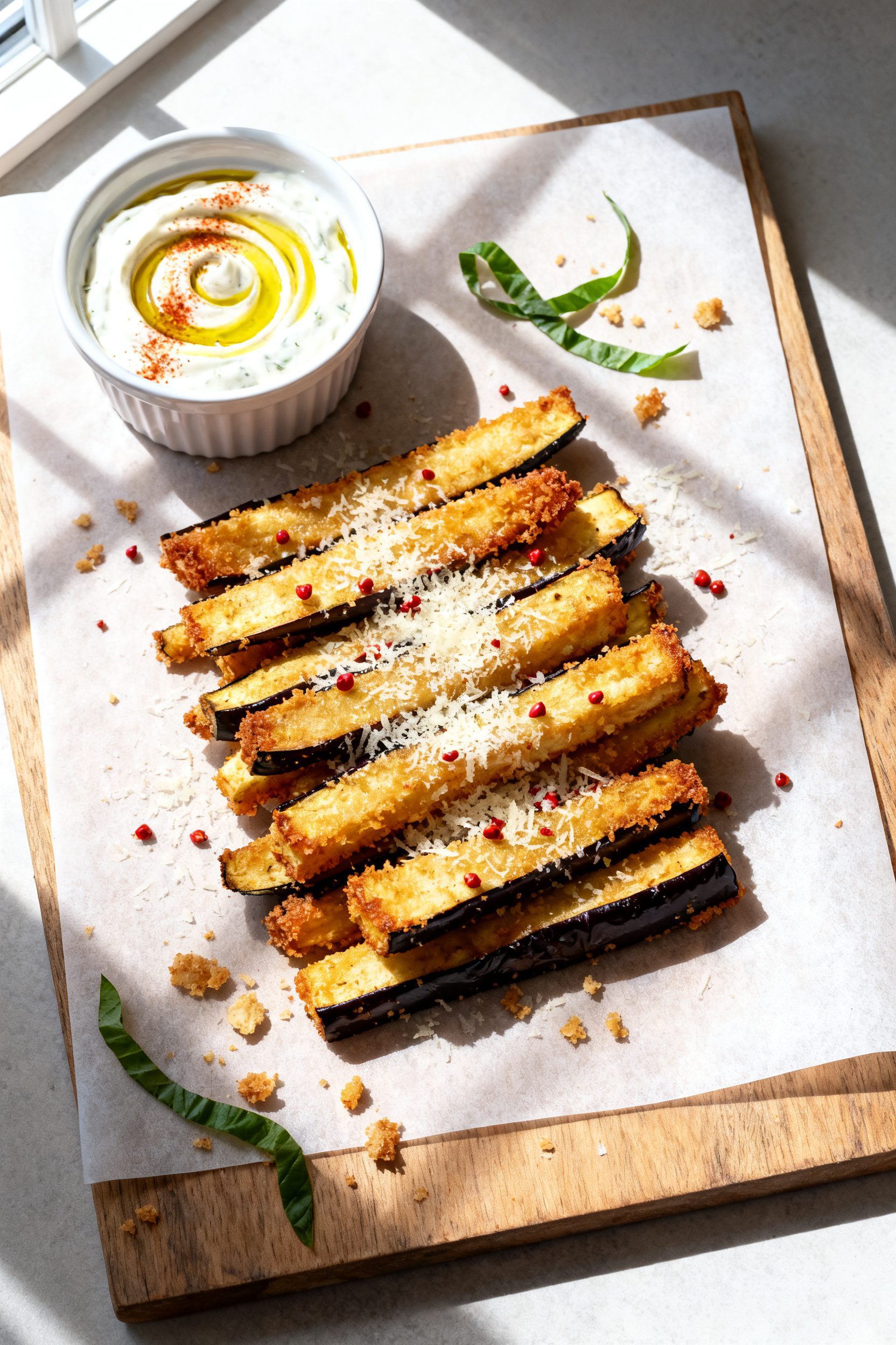 Tasty top view: Overhead shot of eggplant “fries” (1/2-inch sticks) arranged in a neat pile on a