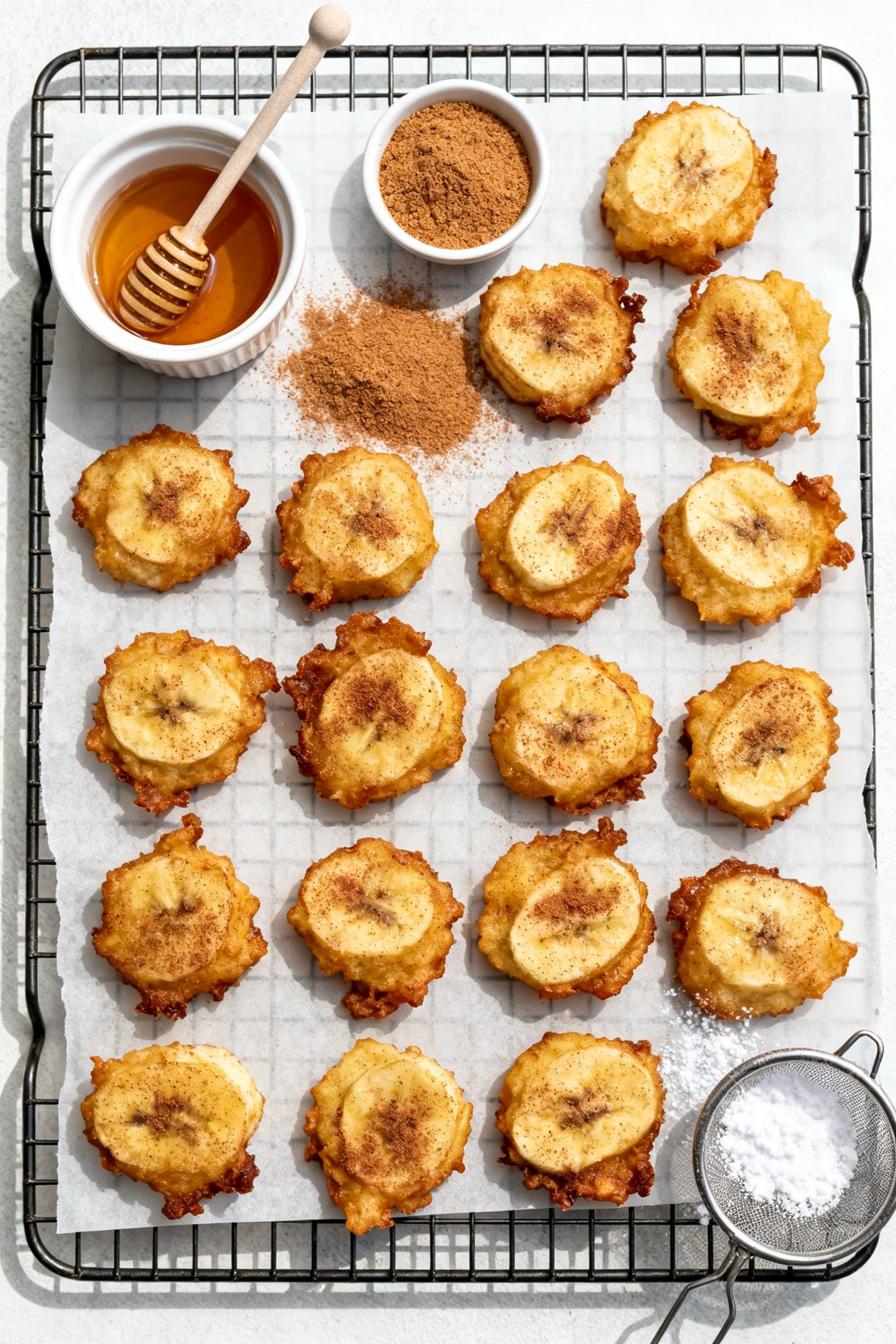 Tasty top view: Overhead shot of evenly sized banana fritters arranged in a loose grid on parchment