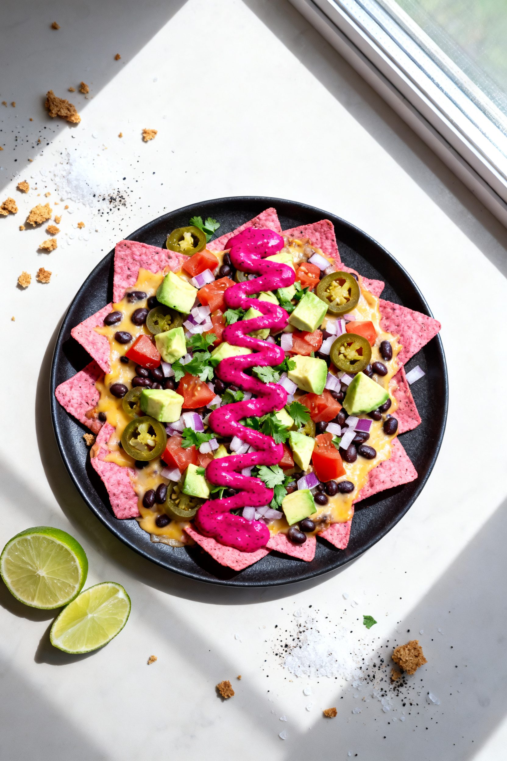 Tasty top view — Overhead shot of finished Air Fryer Pink Nachos on a matte black platter: evenly 