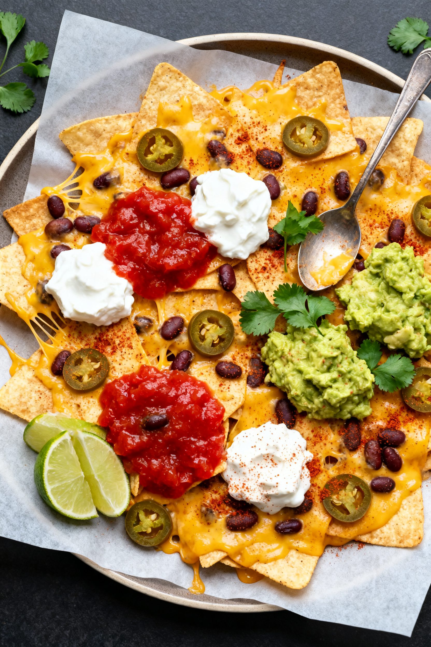 Tasty top view: Overhead shot of finished air-fryer cheese nachos on parchment lifted onto a round p